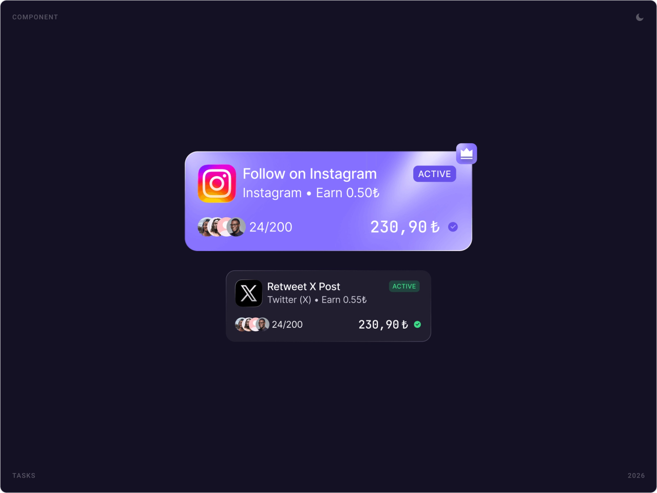 Micro task cards: an active “Follow on Instagram” card with payout and spots taken, and a “Retweet X Post” card
