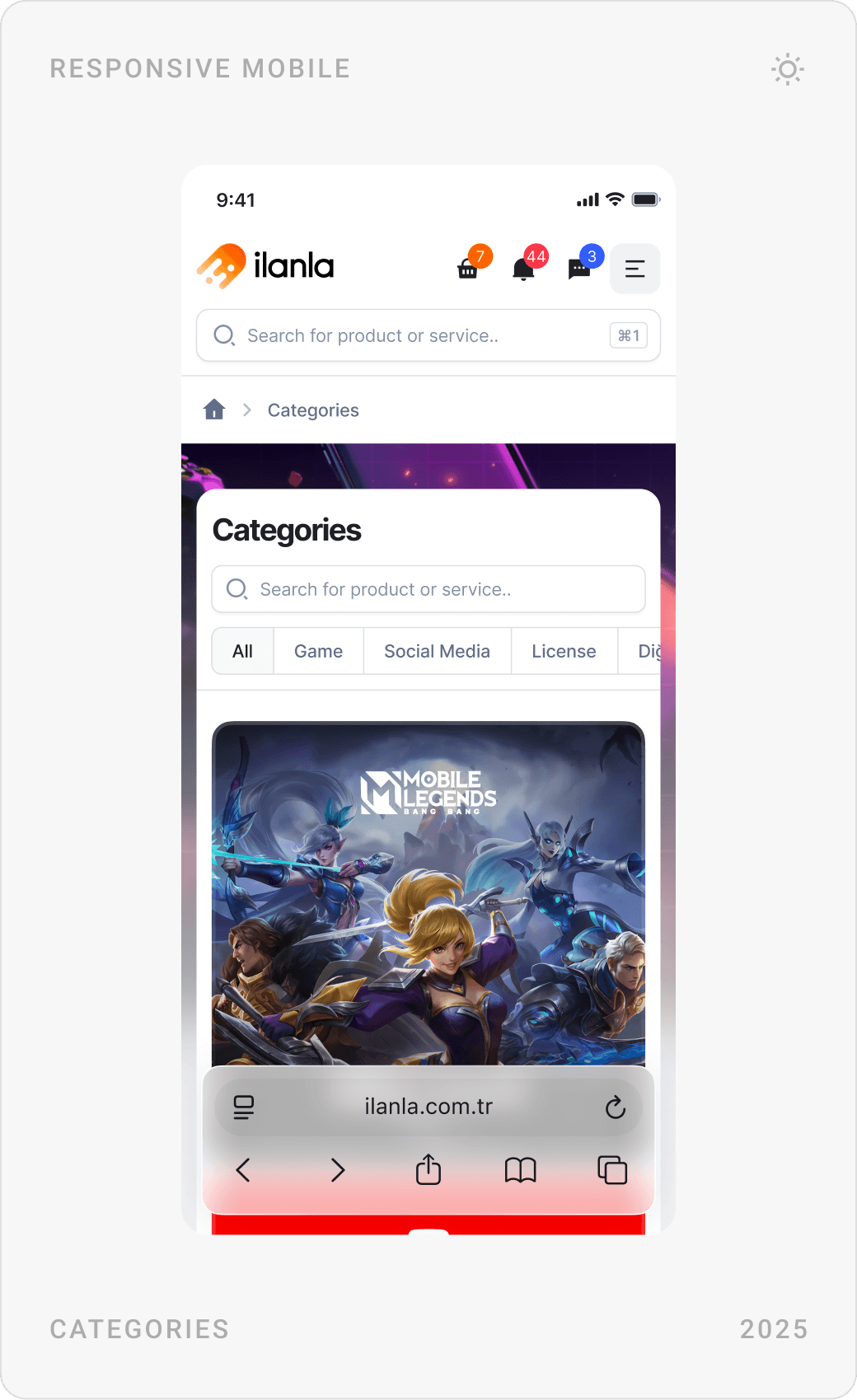 Mobile categories page with game tabs, “What is İlanla?” SEO text, and a Frequently Asked Questions accordion