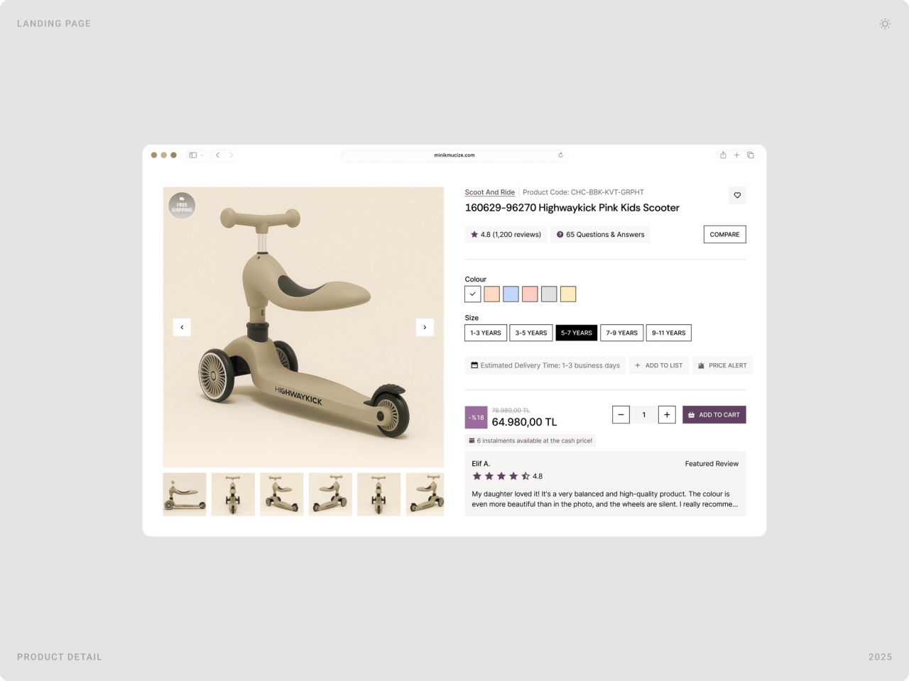 Desktop product page for a kids’ scooter with gallery, rating, colour and age options, delivery estimate, price and add to cart