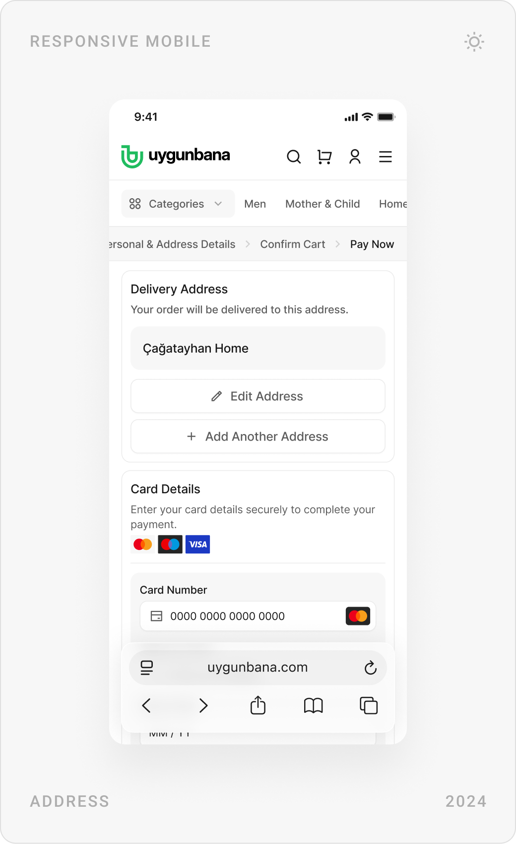 Mobile checkout: delivery address and card details, cart confirmation, and payment successful