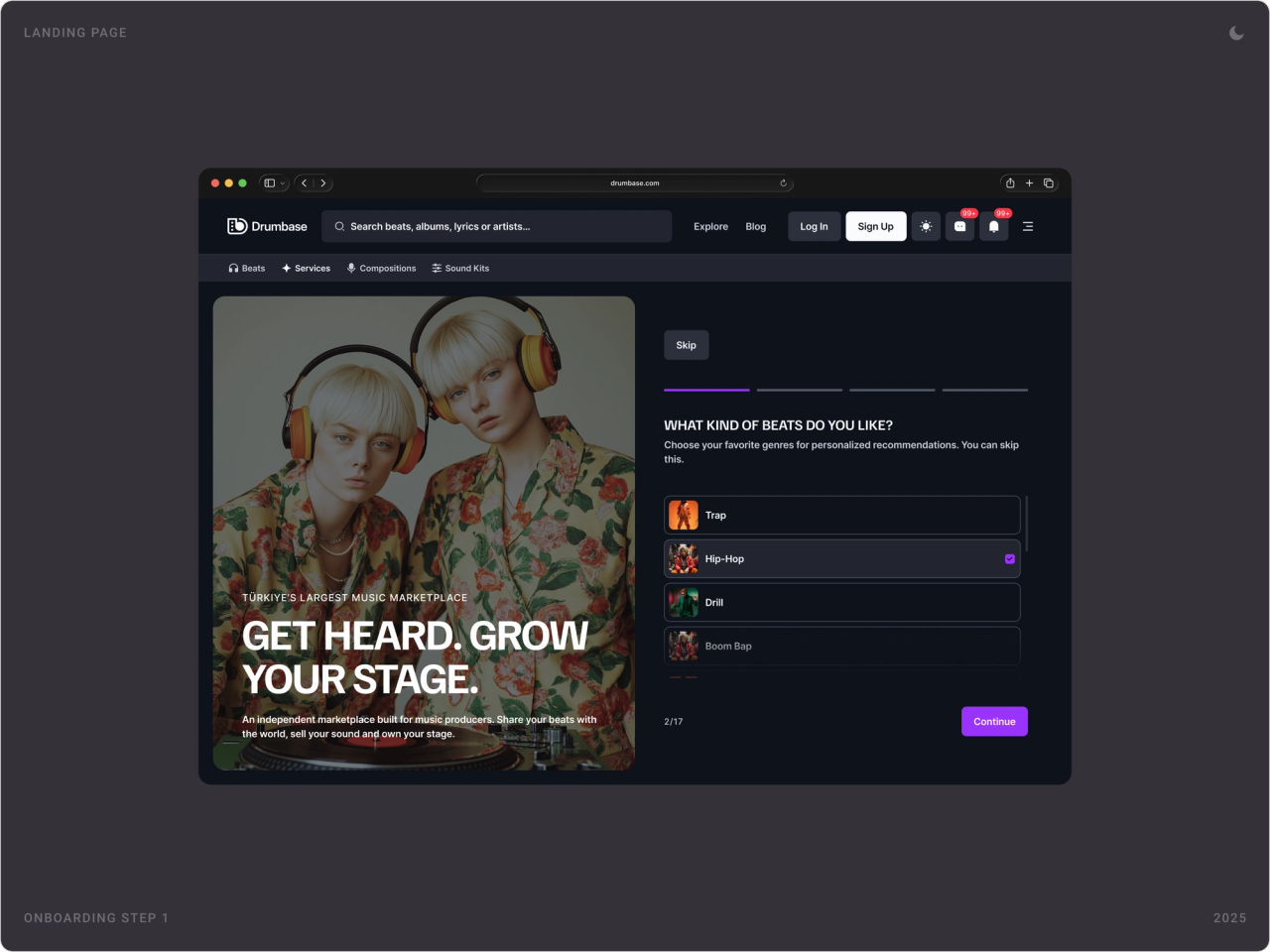 Onboarding step one on desktop: “What kind of beats do you like?” with genre options next to a photo of two artists