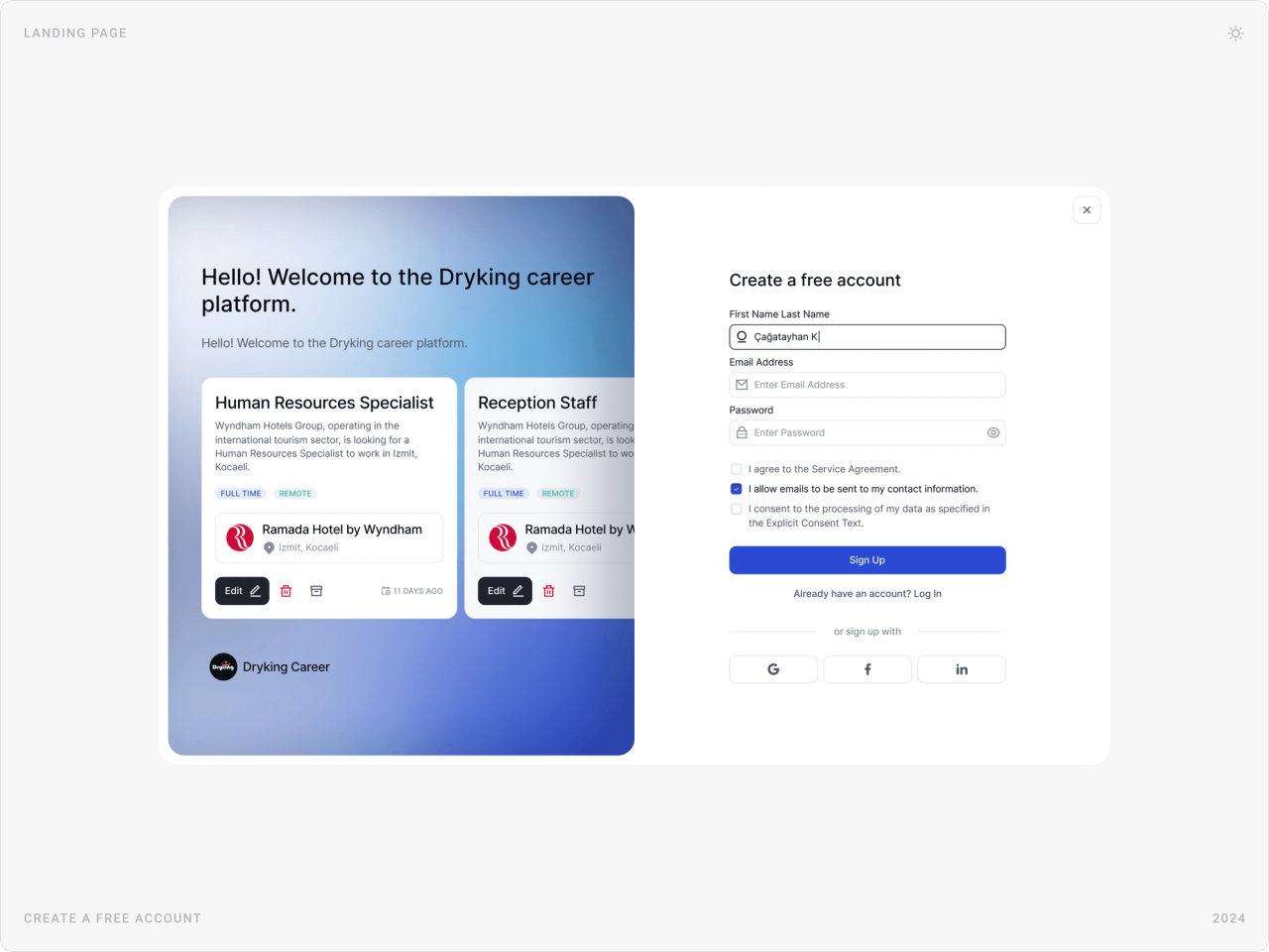 “Create a free account” sign-up modal with name, email and password fields, social sign-up, and sample job cards