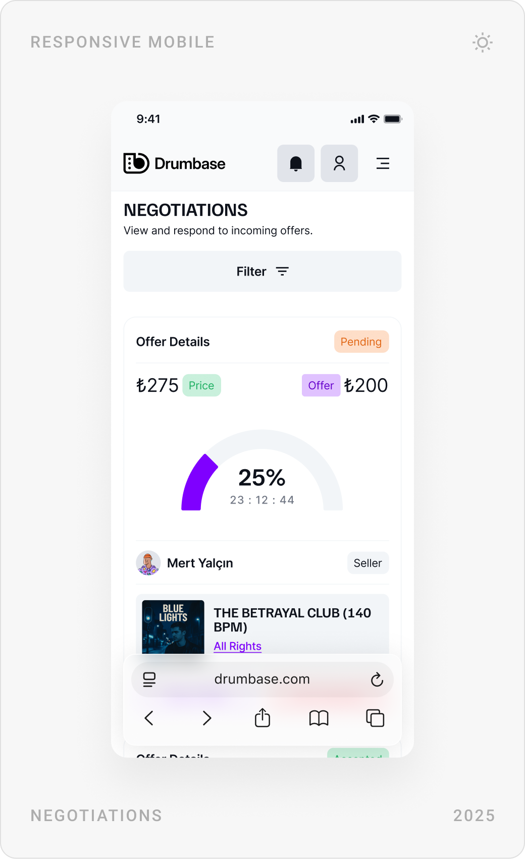 Mobile screens: My Likes with beats, a negotiation with a 25% countdown, and listening history with license prices