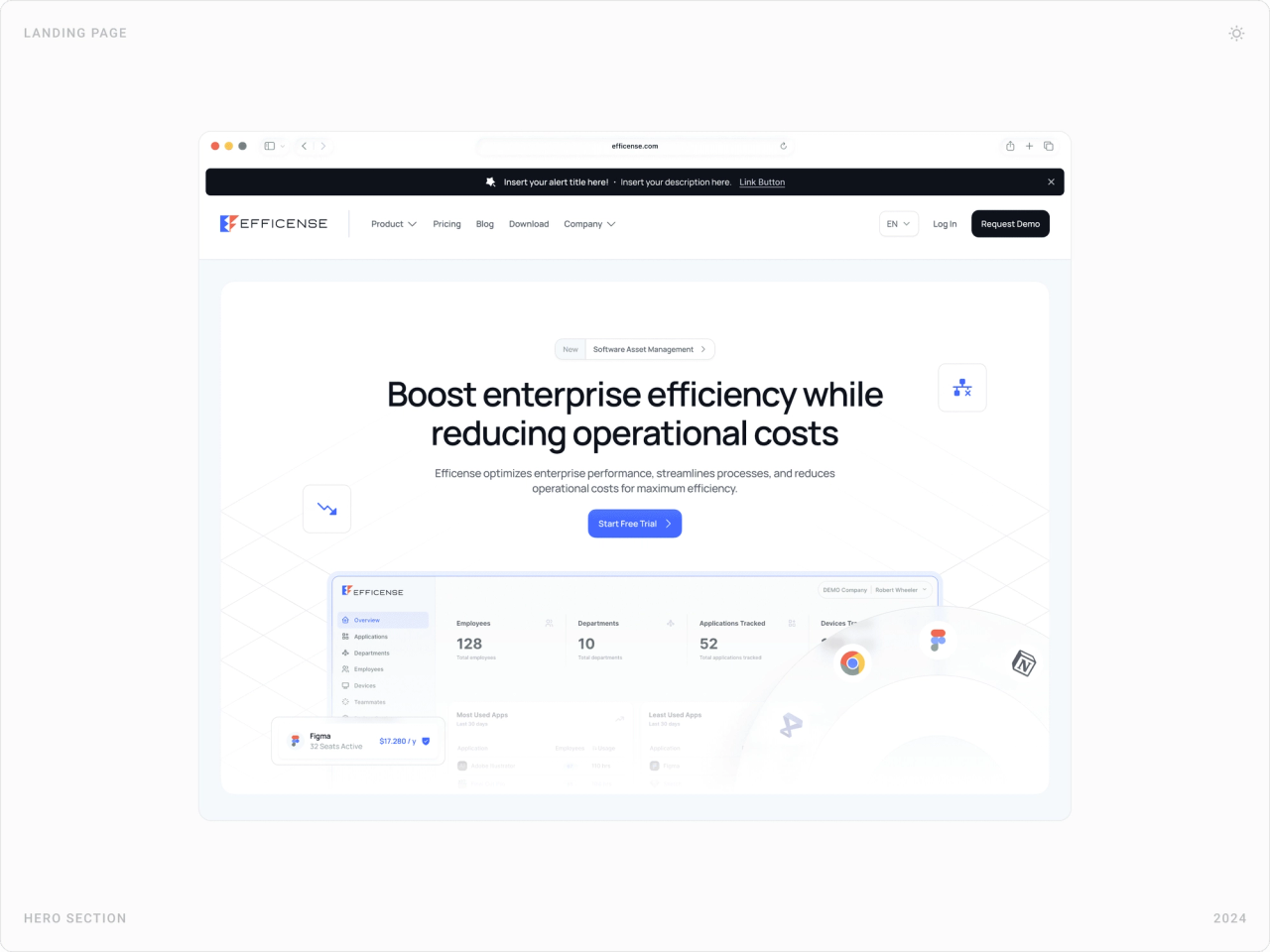 Efficense homepage hero “Boost enterprise efficiency while reducing operational costs” with dashboard preview and Start Free Trial button
