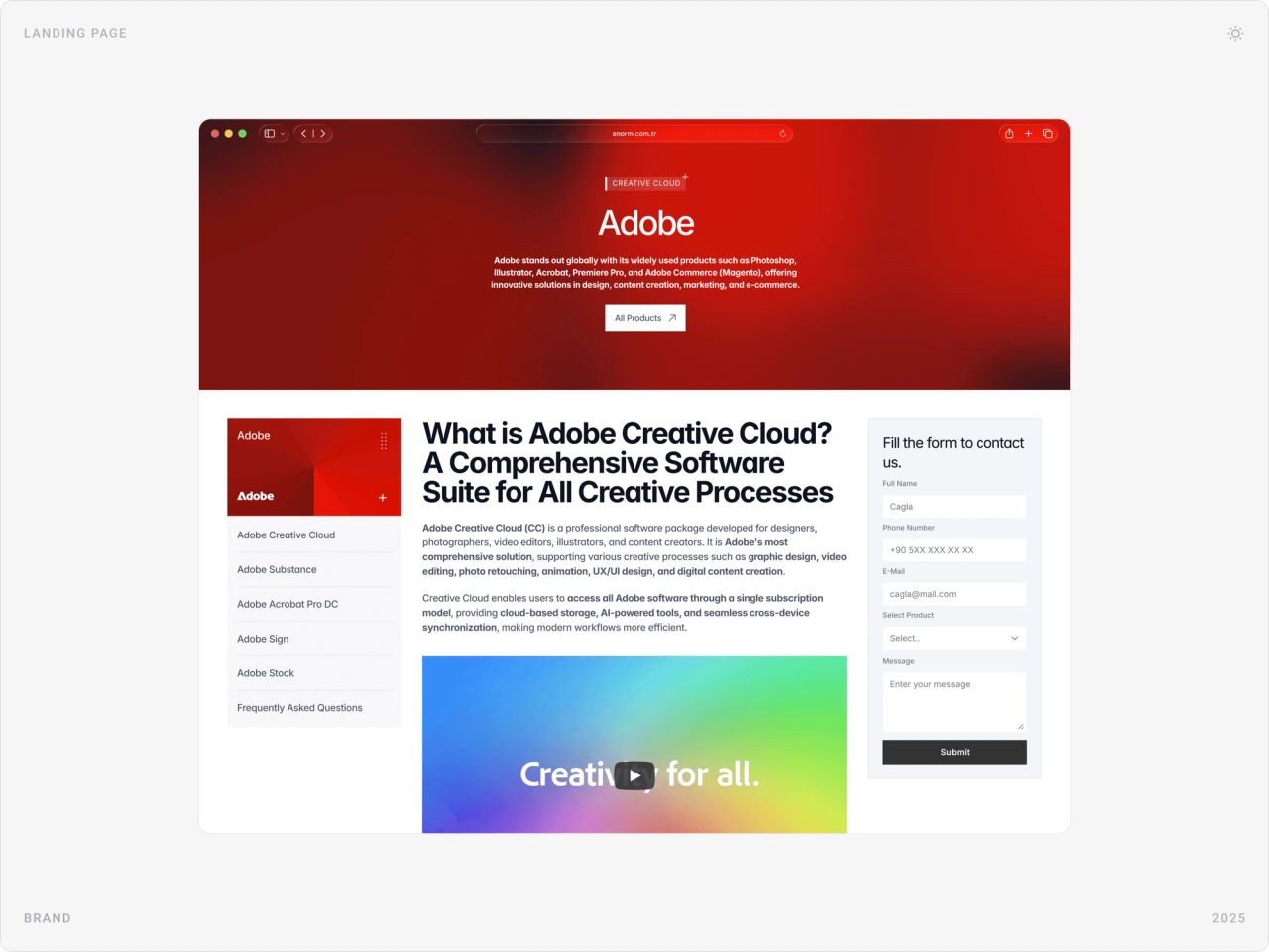 Adobe brand page with a red hero, “What is Adobe Creative Cloud?” article, side navigation and a contact form