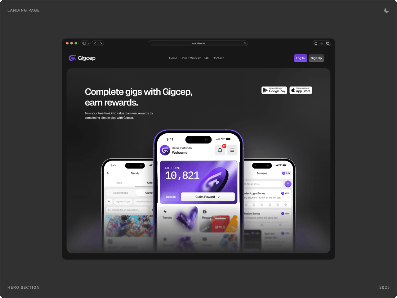 Dark version of the Gigcep landing page hero with the app home screen on three phones