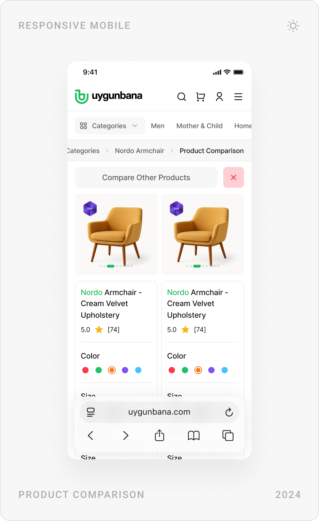 Mobile store page with follow and ask-the-seller buttons, the stores list, and a product comparison