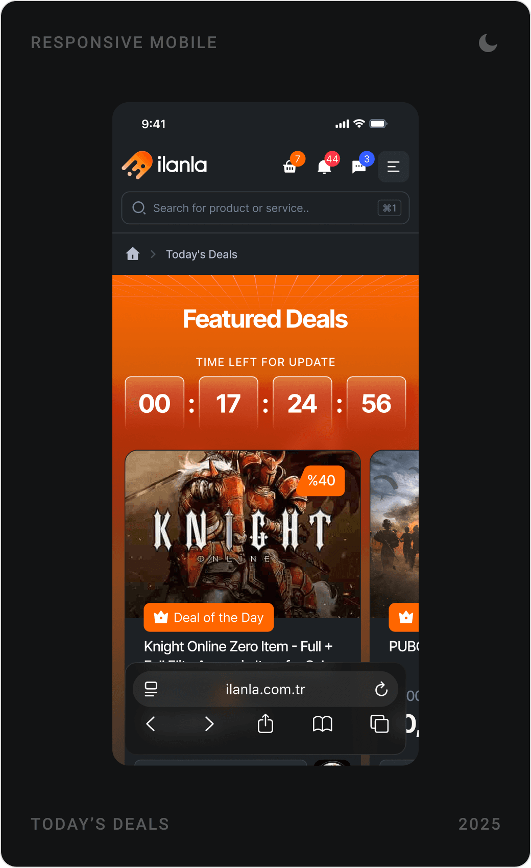 Mobile Featured Deals with countdown timer, “Günün Fırsatları” game category chips, and footer with payment methods