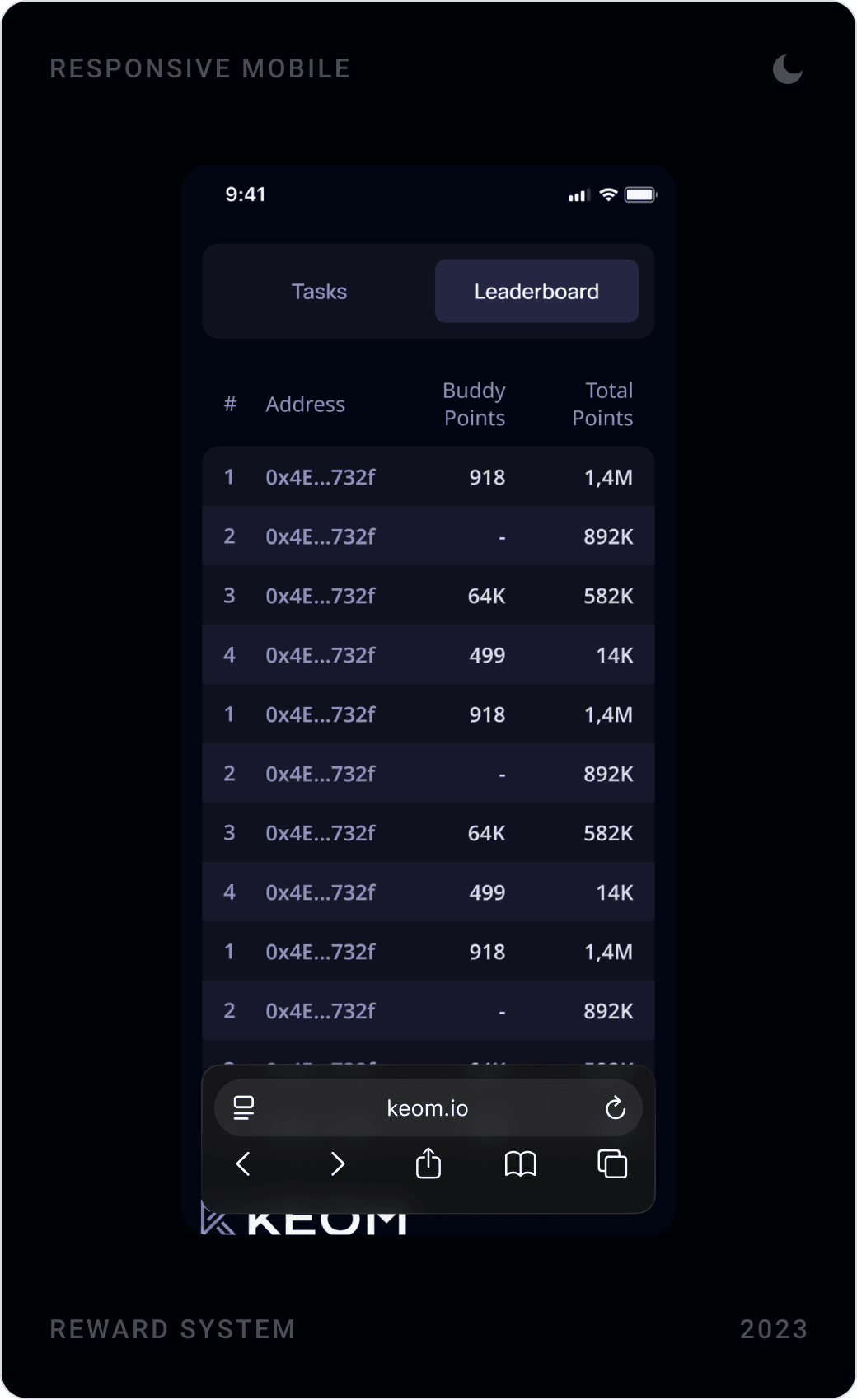 KEOM mobile rewards screens: Kite Festival welcome, task list with Supply on Manta, and points leaderboard