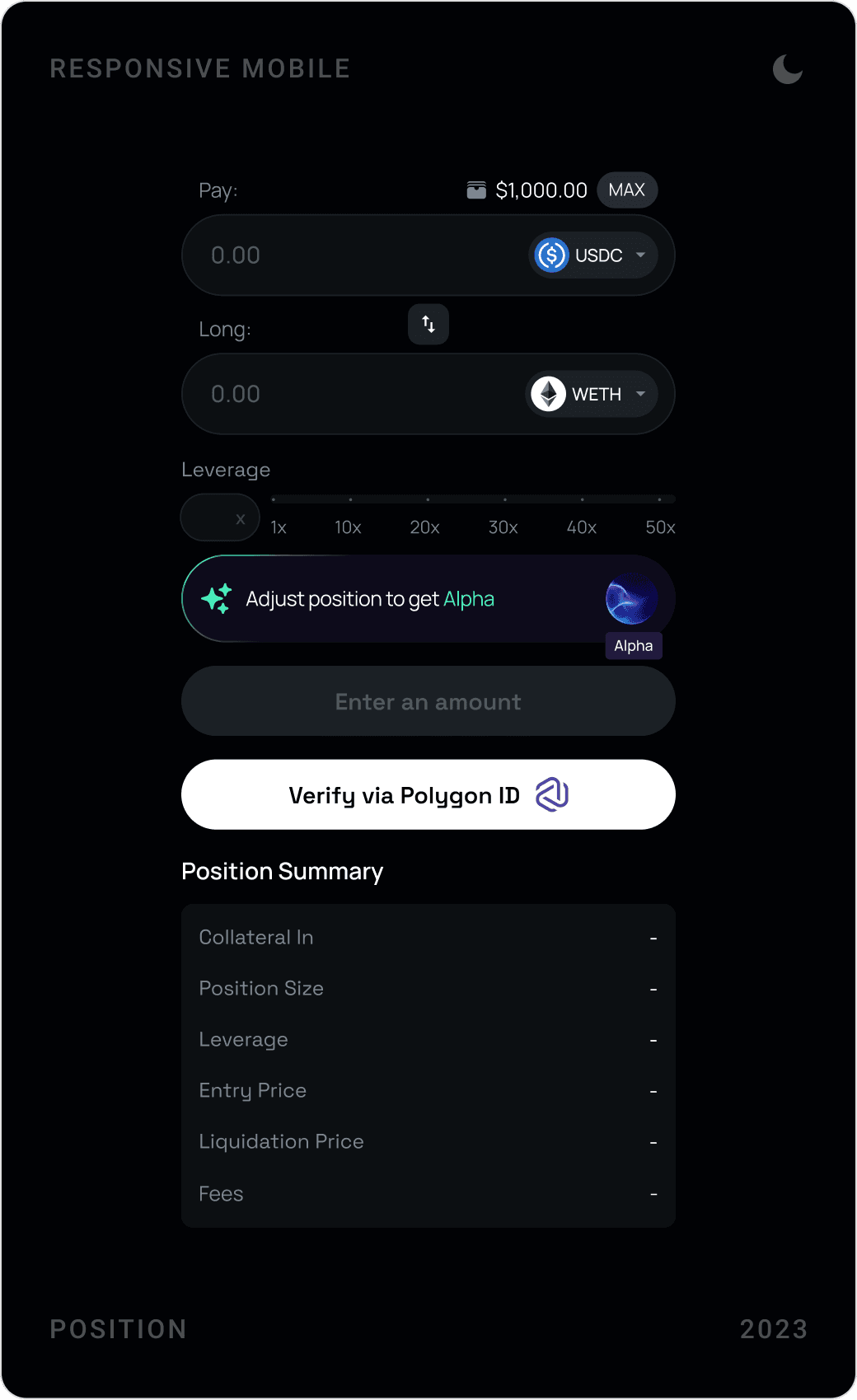 KEOM mobile position forms: verify via Polygon ID, a green Go Long button and a red Go Short button with position summaries