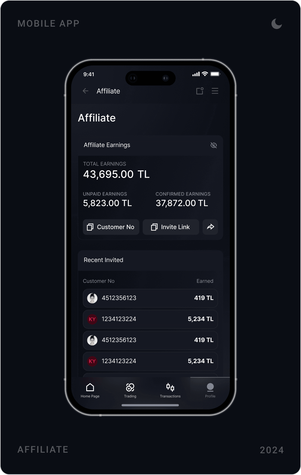 Dark profile with identity verification prompt and gains and losses, settings screen, and affiliate earnings with invite link