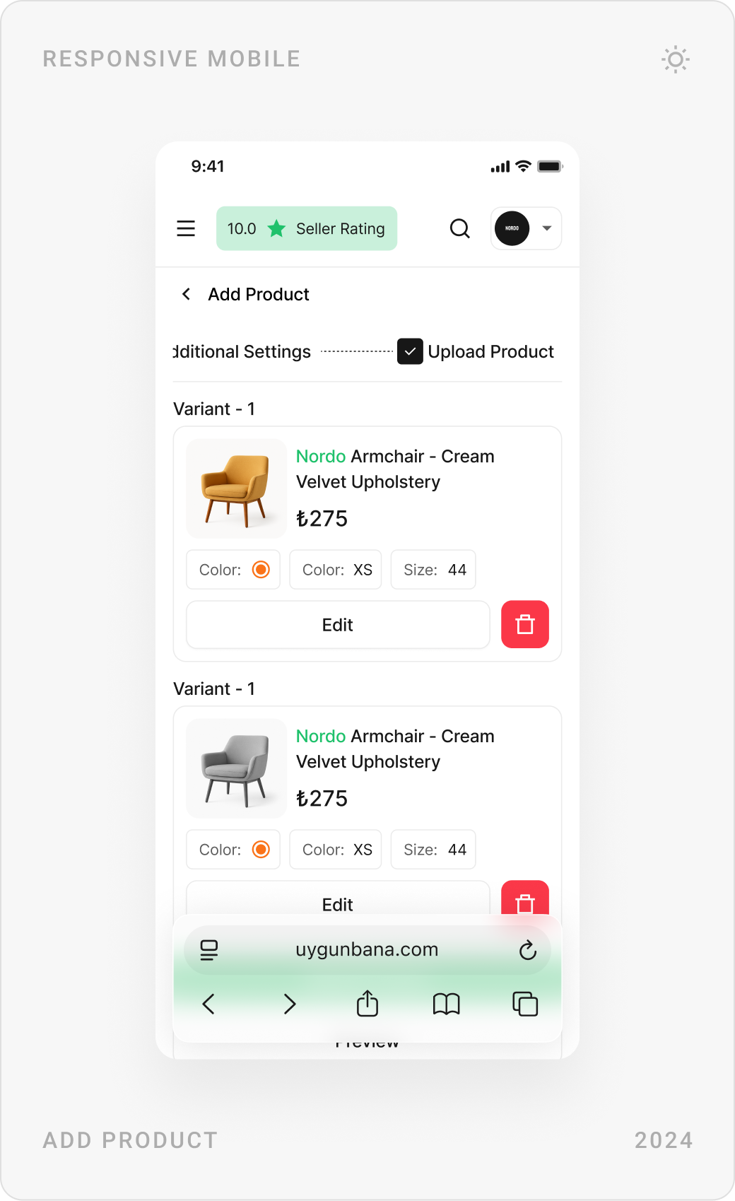 Mobile add product flow: image upload, product variants with prices, and basic information