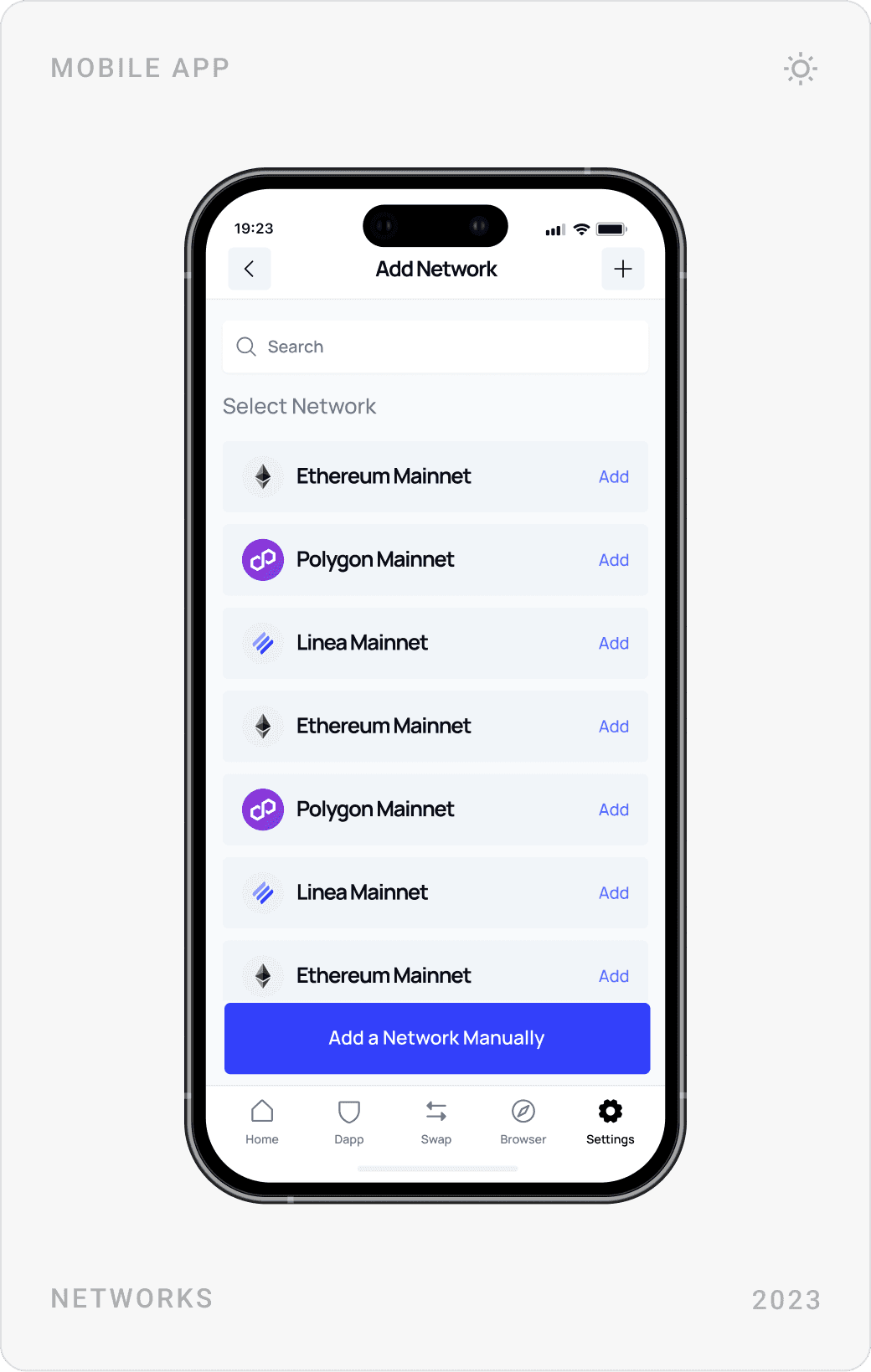 Show Secret Phrases screen with a warning and word grid, Add Network list, and Privacy Policy page