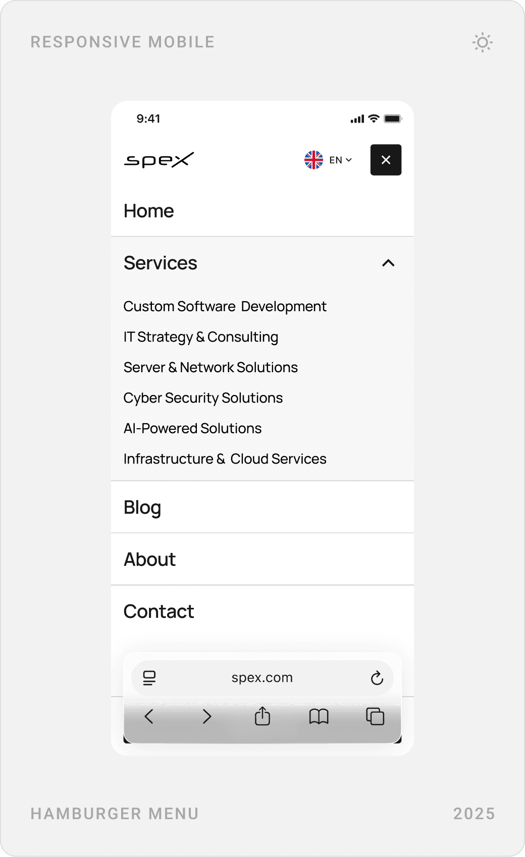 Mobile menu with expandable services, mobile hero and the “Spex in Numbers & Facts” section