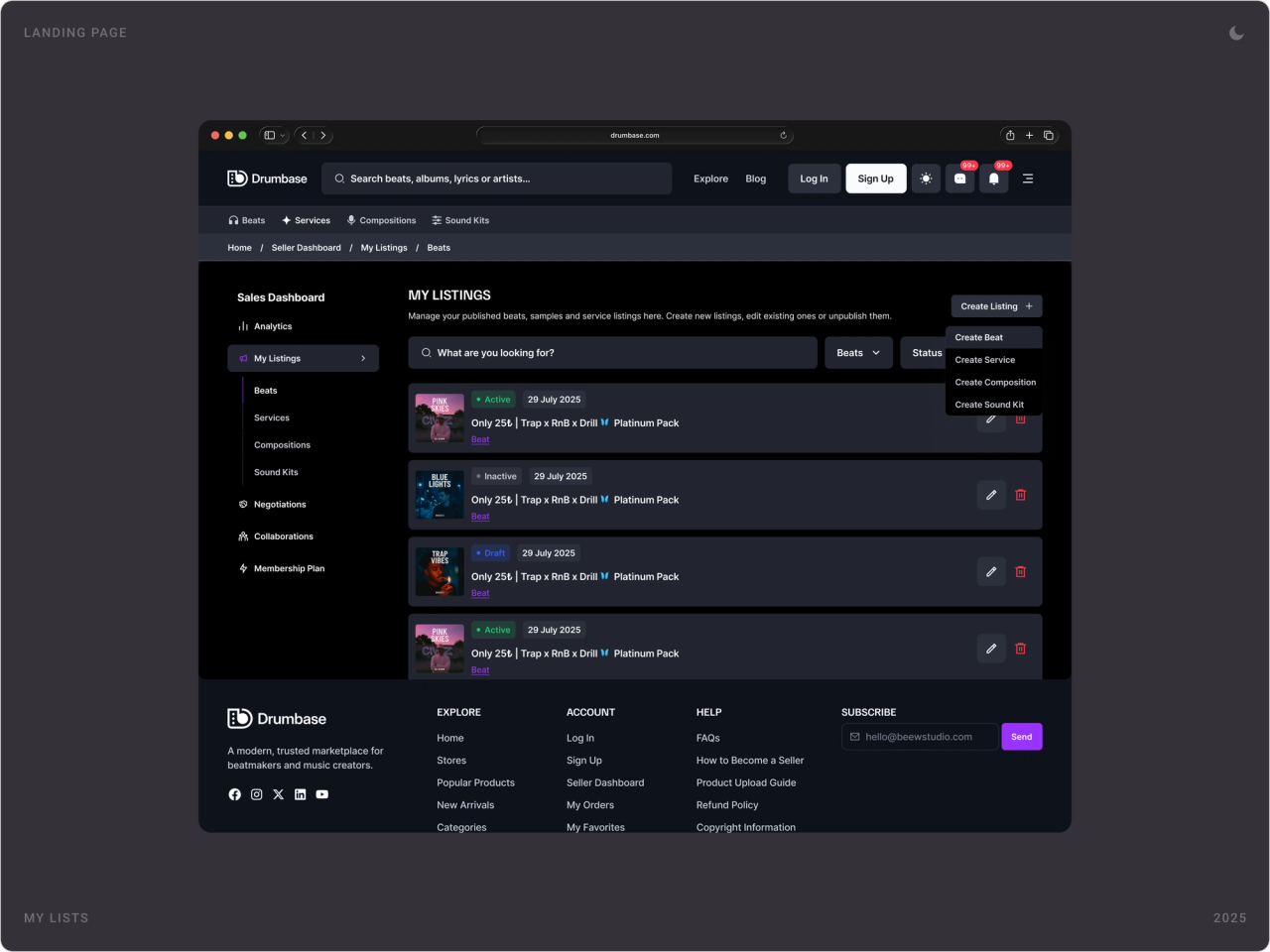 Dark mode My Listings page in the sales dashboard with active listings and edit actions