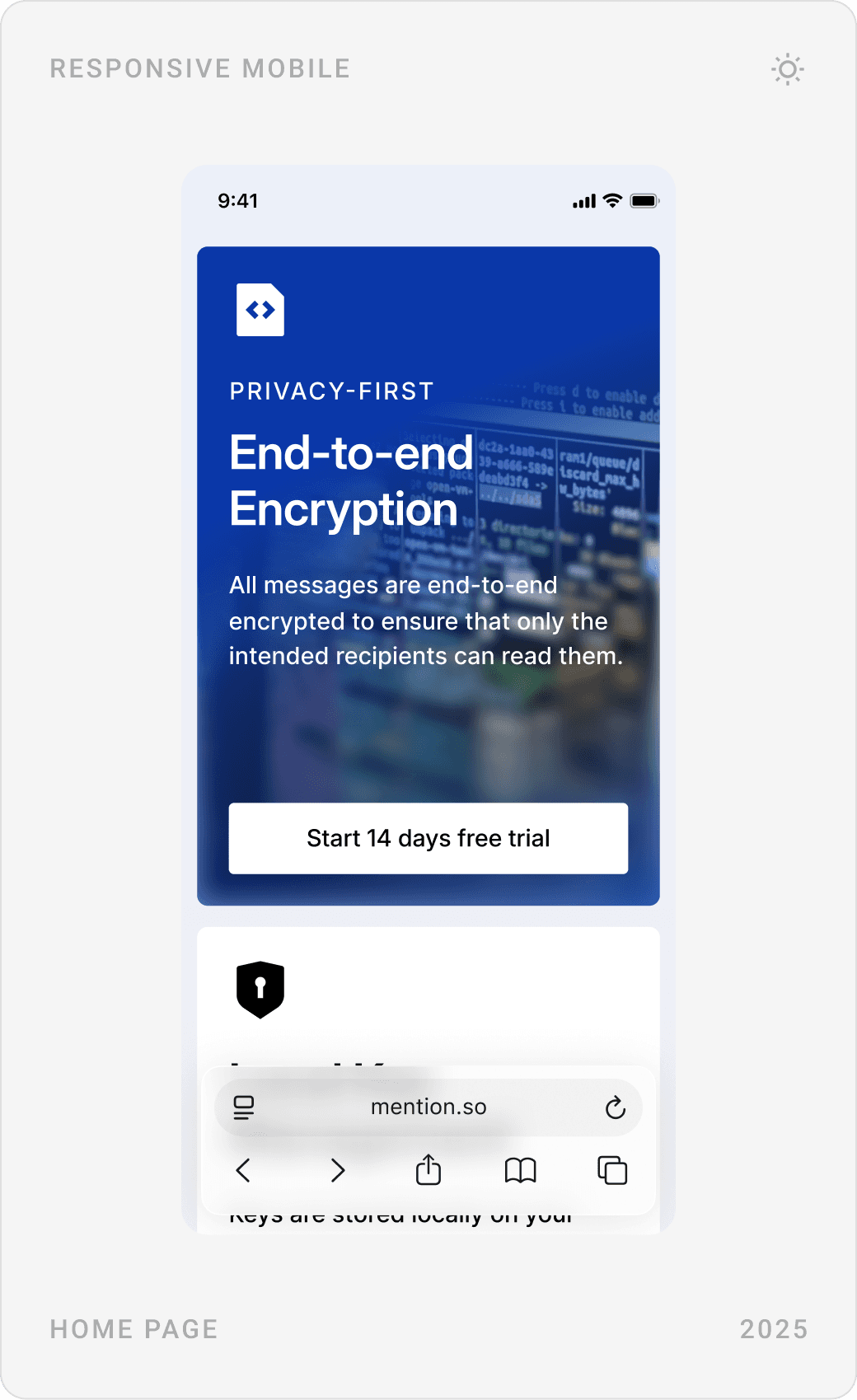 Mobile feature cards: end-to-end encryption with free trial, local key management and automatic key rotations, and real-time chat