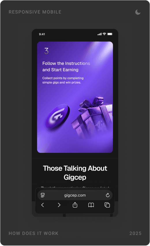 Mobile “How does it work?” steps in dark theme: download the app, sign up, follow the instructions