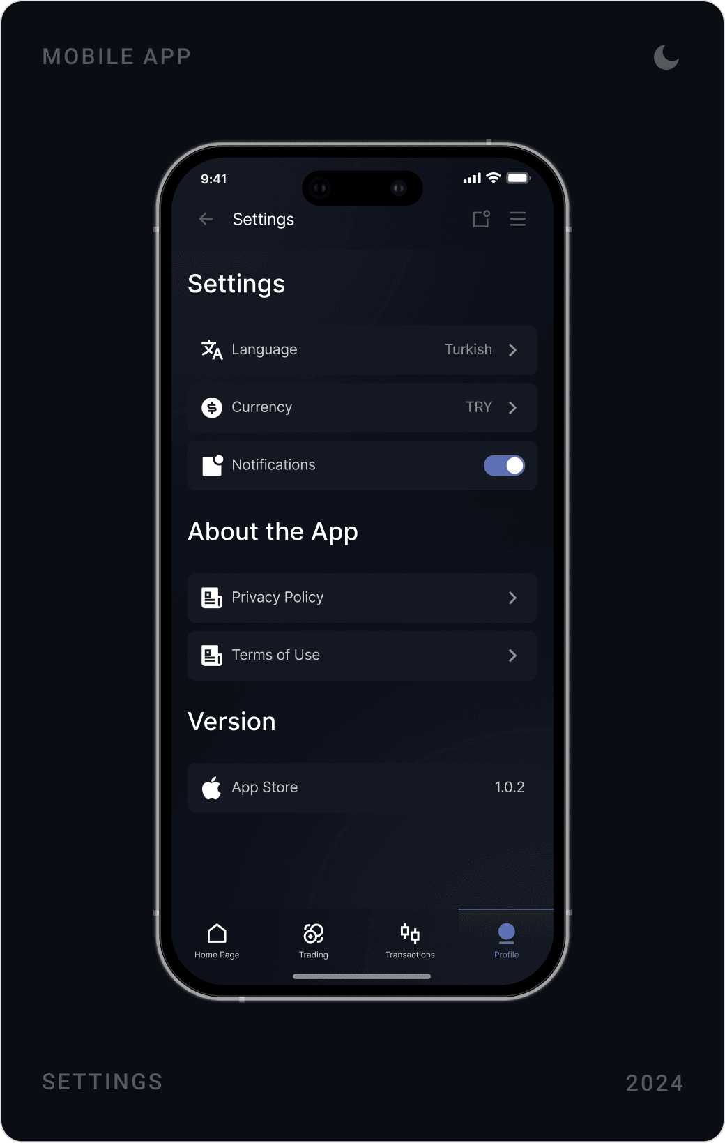 Dark profile with identity verification prompt and gains and losses, settings screen, and affiliate earnings with invite link