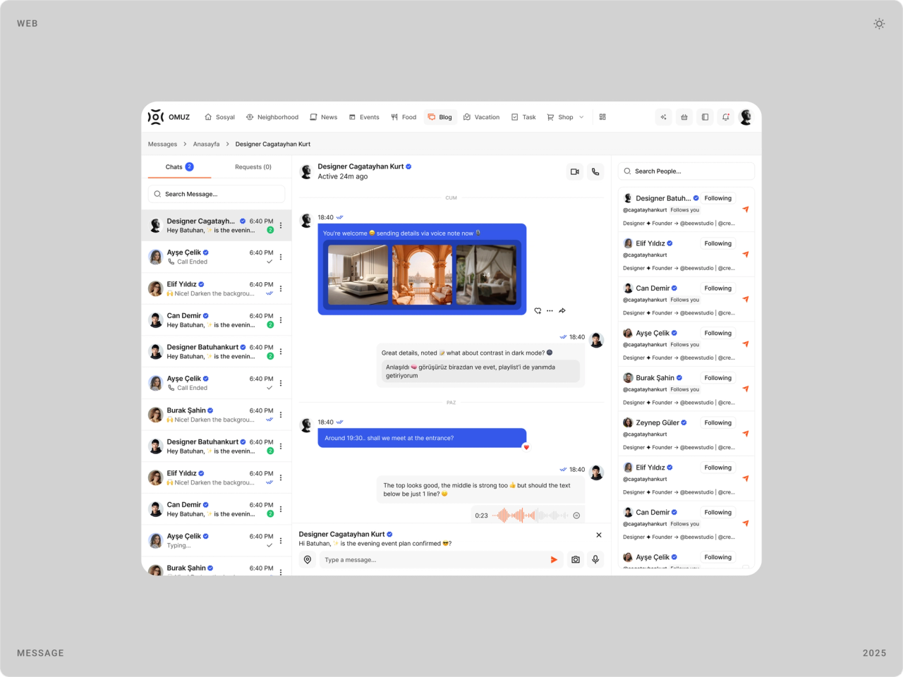Omuz website messages with a conversation list, a chat with photos and a contacts column