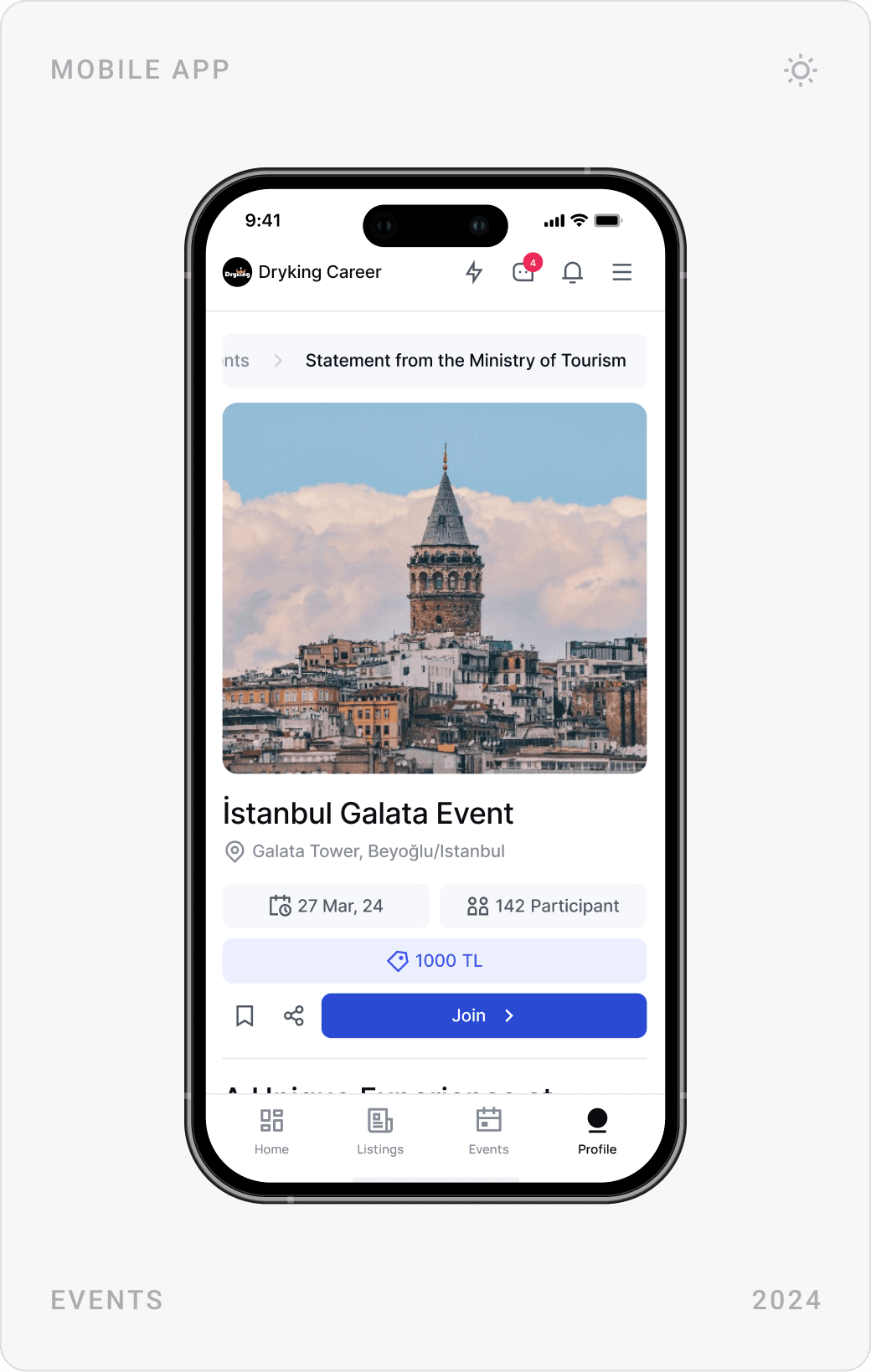 Mobile Istanbul Galata Event page, Membership Packages with monthly and annual toggle, and job listing detail with Apply button