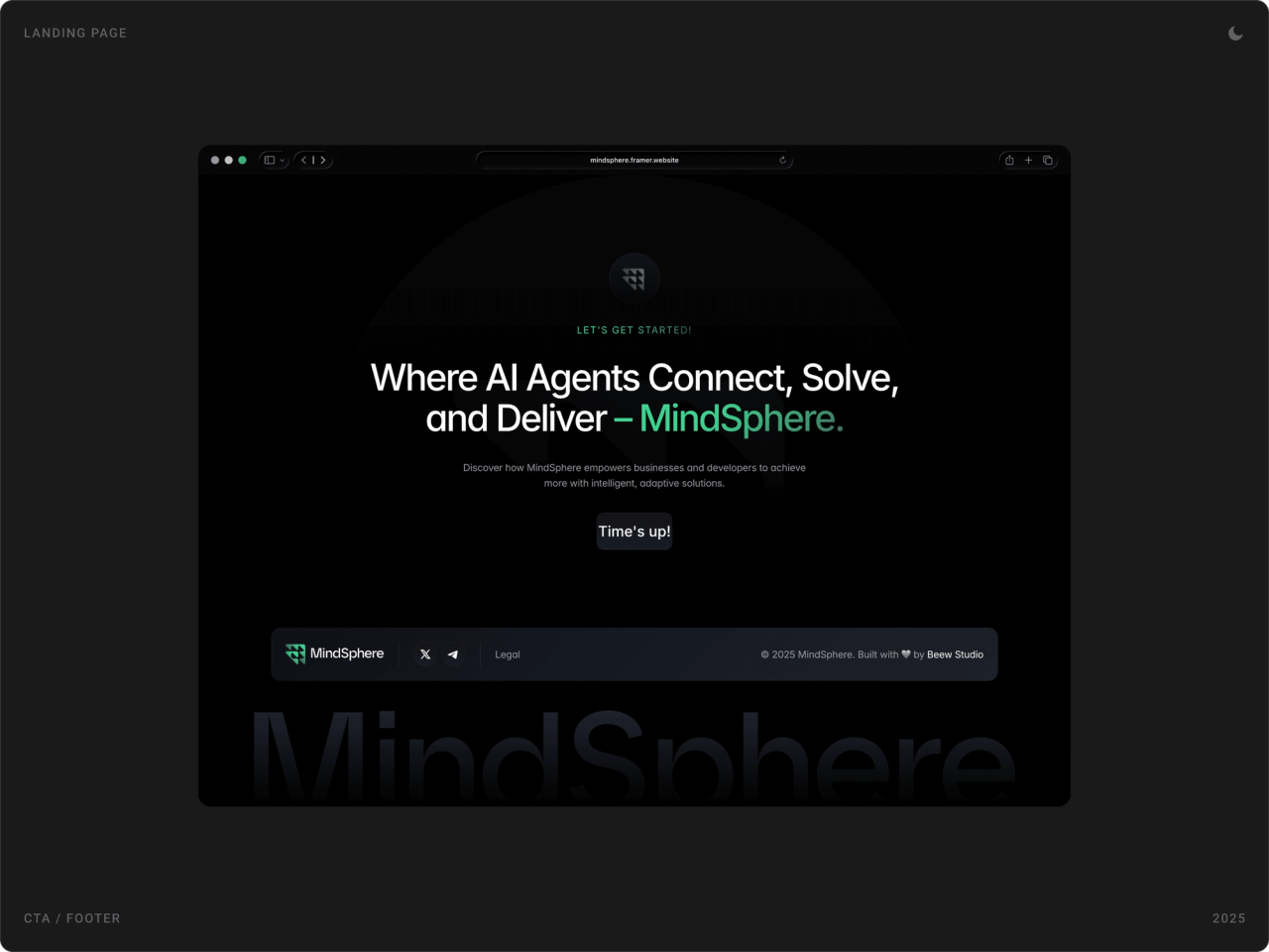 Closing section “Where AI Agents Connect, Solve, and Deliver – MindSphere.” with a countdown button and a footer over a large MindSphere wordmark