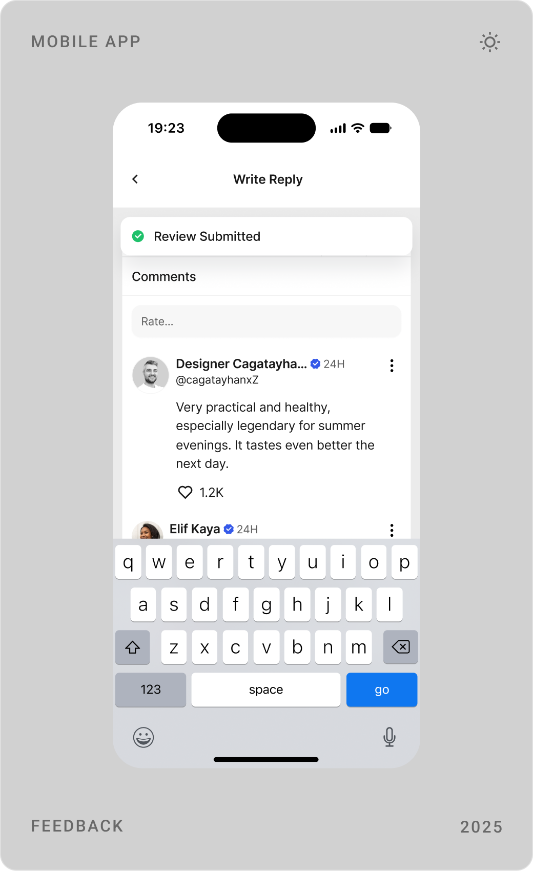 Community page for a UI/UX community, its moderators and members list, and a feedback screen