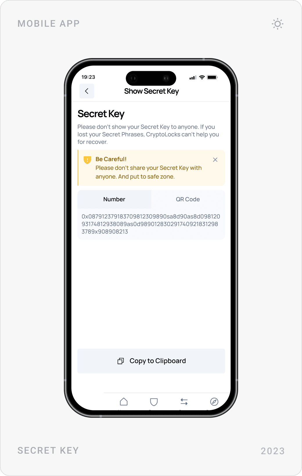 Address book empty state “Knock Knock Anyone?”, Show Secret Key screen with warning, and Change Password screen