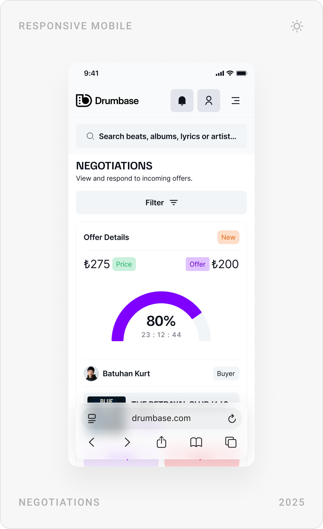 Mobile seller screens: analytics with earnings, a negotiation at 80%, and My Listings