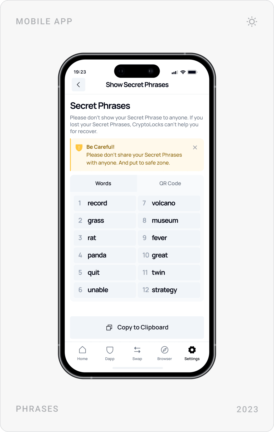 Show Secret Phrases screen with a warning and word grid, Add Network list, and Privacy Policy page