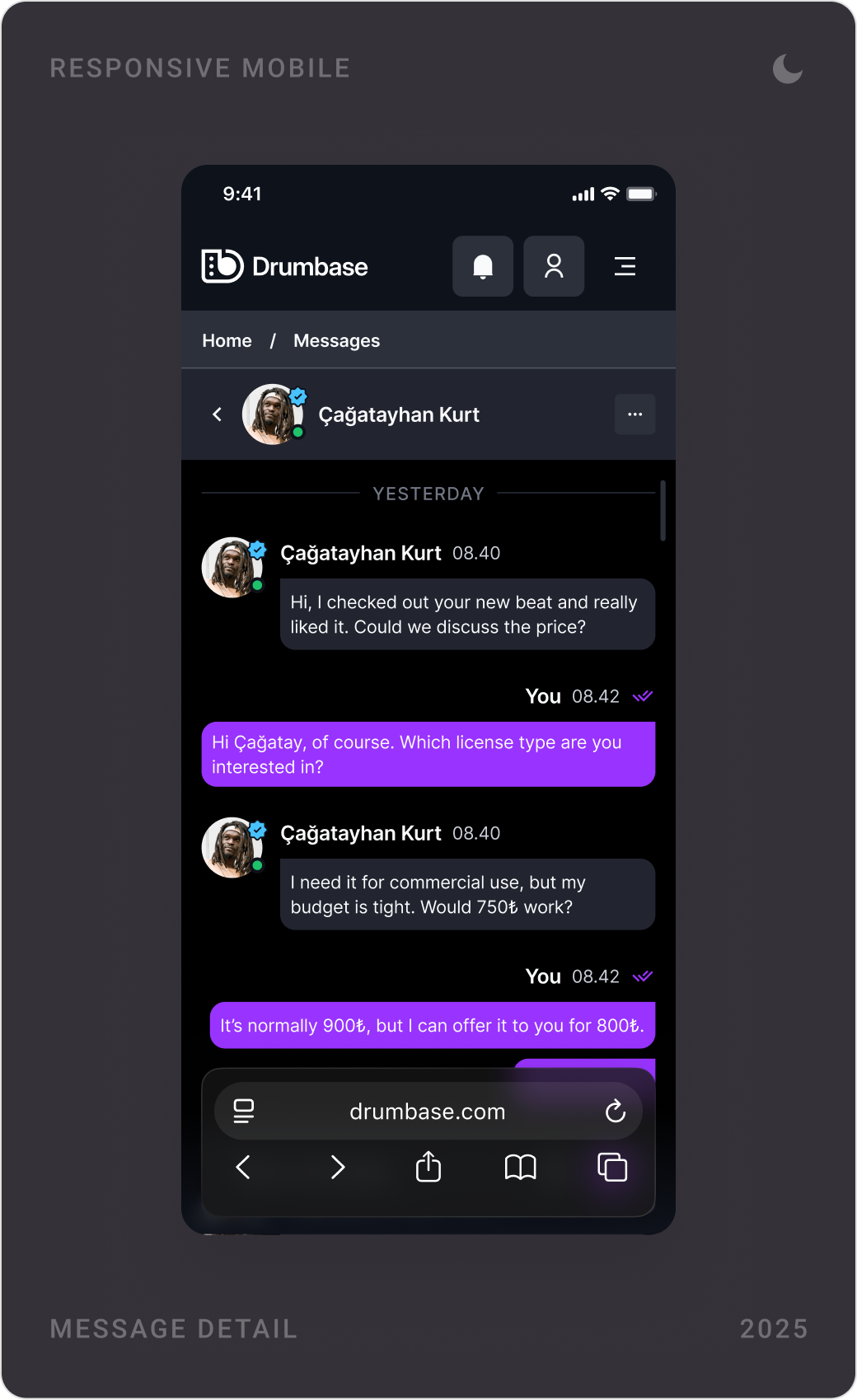 Dark mode mobile screens: create account, a message thread negotiating a beat price, and the message list