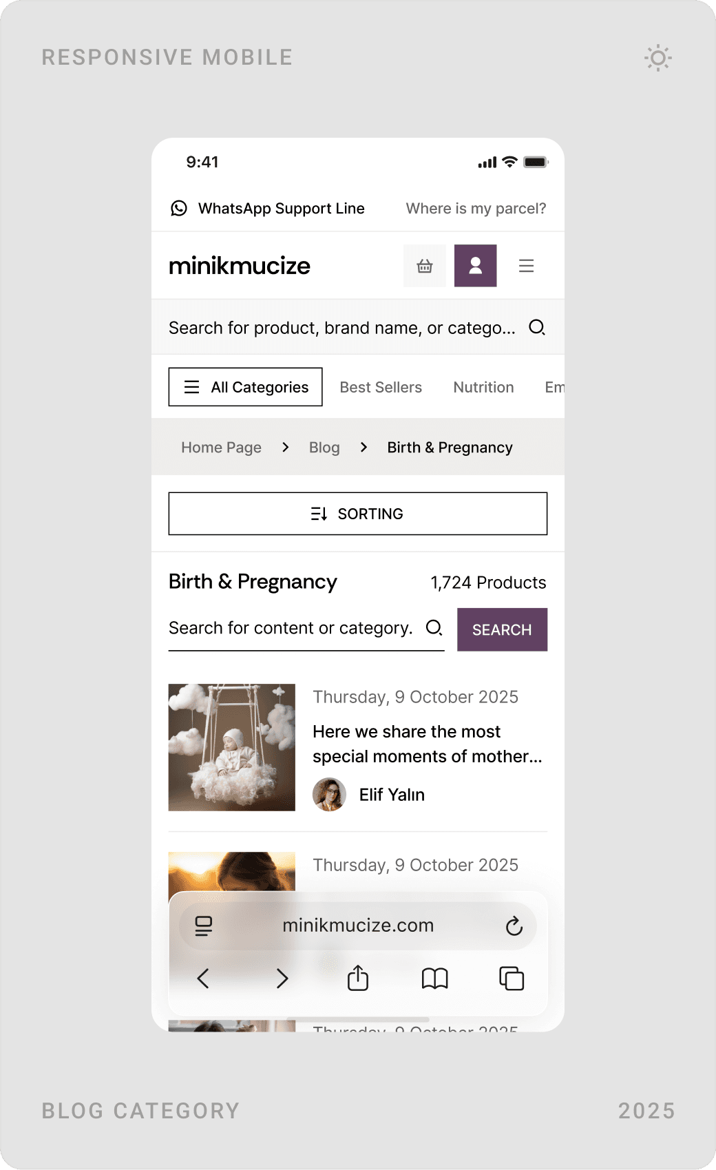 Mobile blog home, blog article detail and the “Birth & Pregnancy” blog category