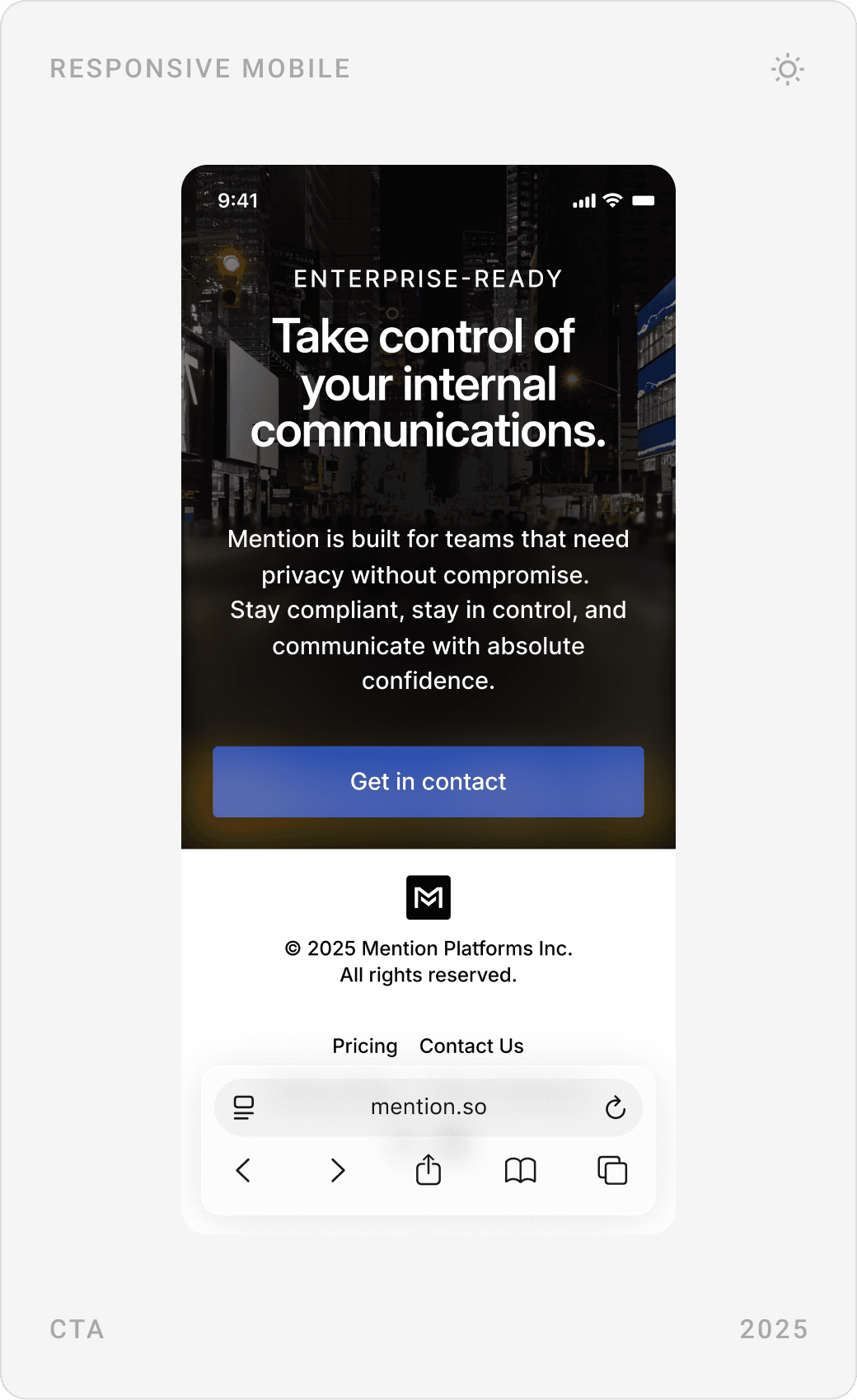 Mobile plan comparison table, and a closing “Take control of your internal communications.” call to action with footer