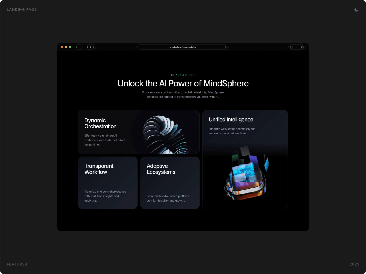 “Unlock the AI Power of MindSphere” feature grid: dynamic orchestration, unified intelligence, transparent workflow, adaptive ecosystems with 3D objects