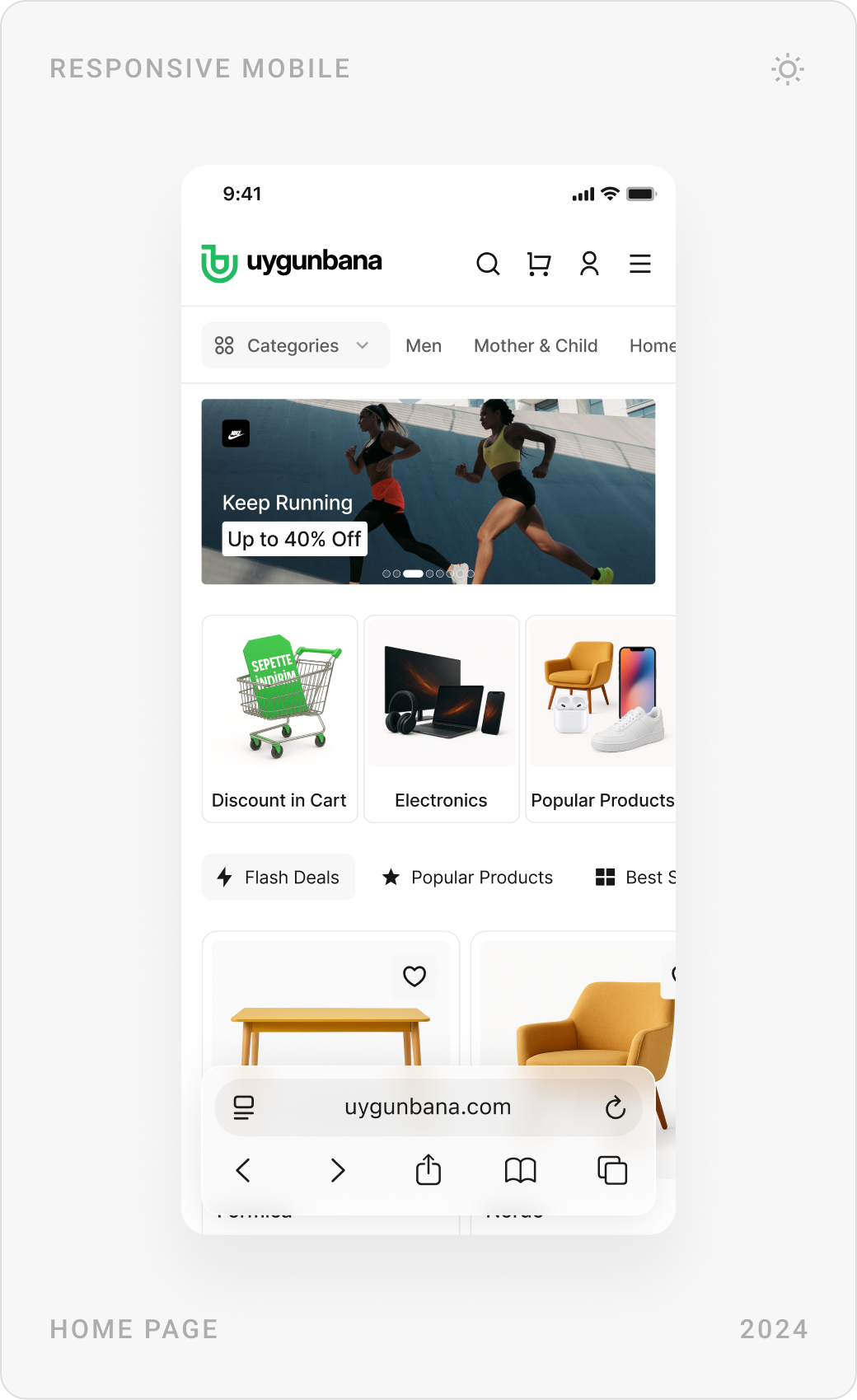 Mobile homepage with a campaign banner, today's deals with product cards and a promoted Nike product