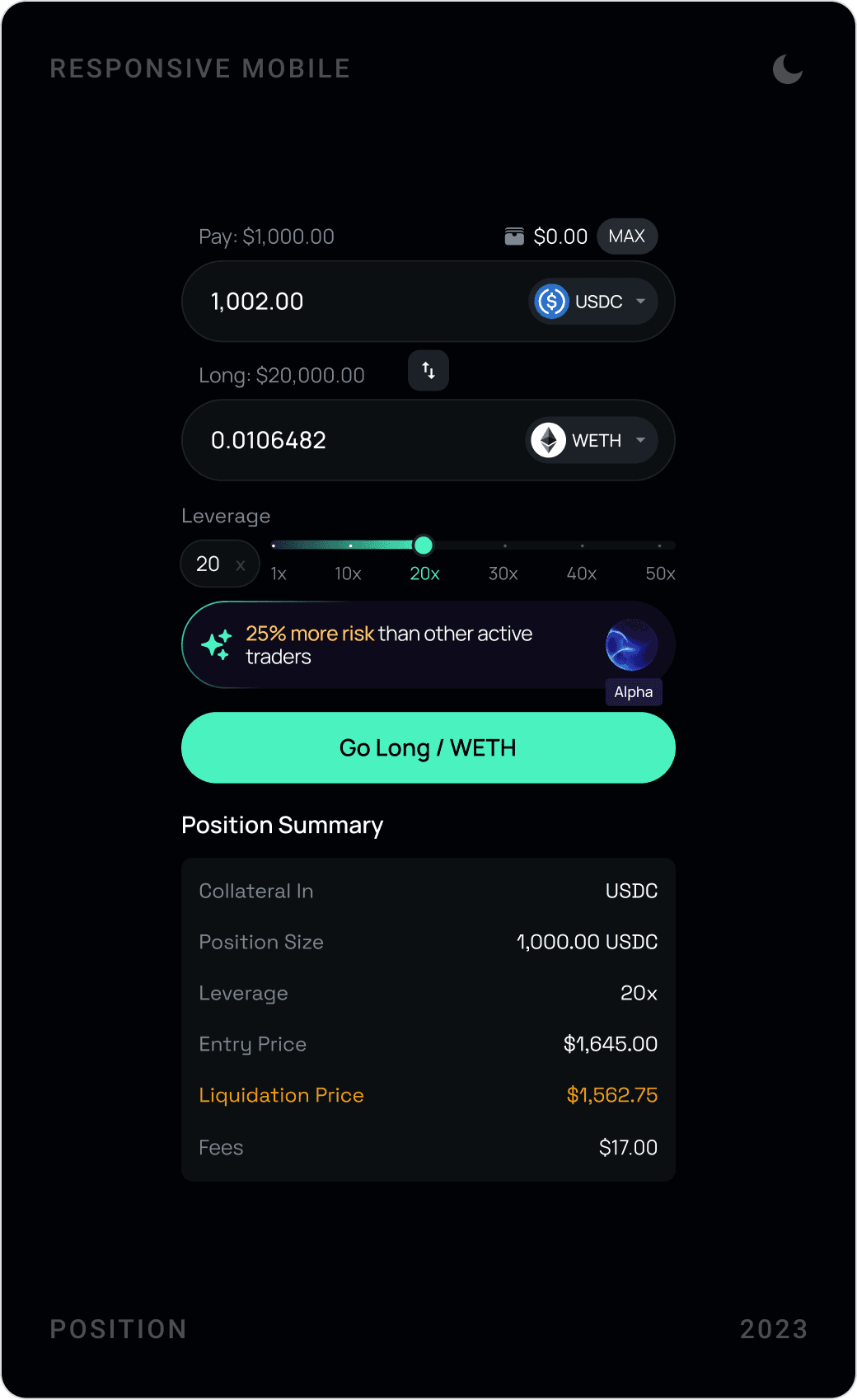KEOM mobile position forms: verify via Polygon ID, a green Go Long button and a red Go Short button with position summaries