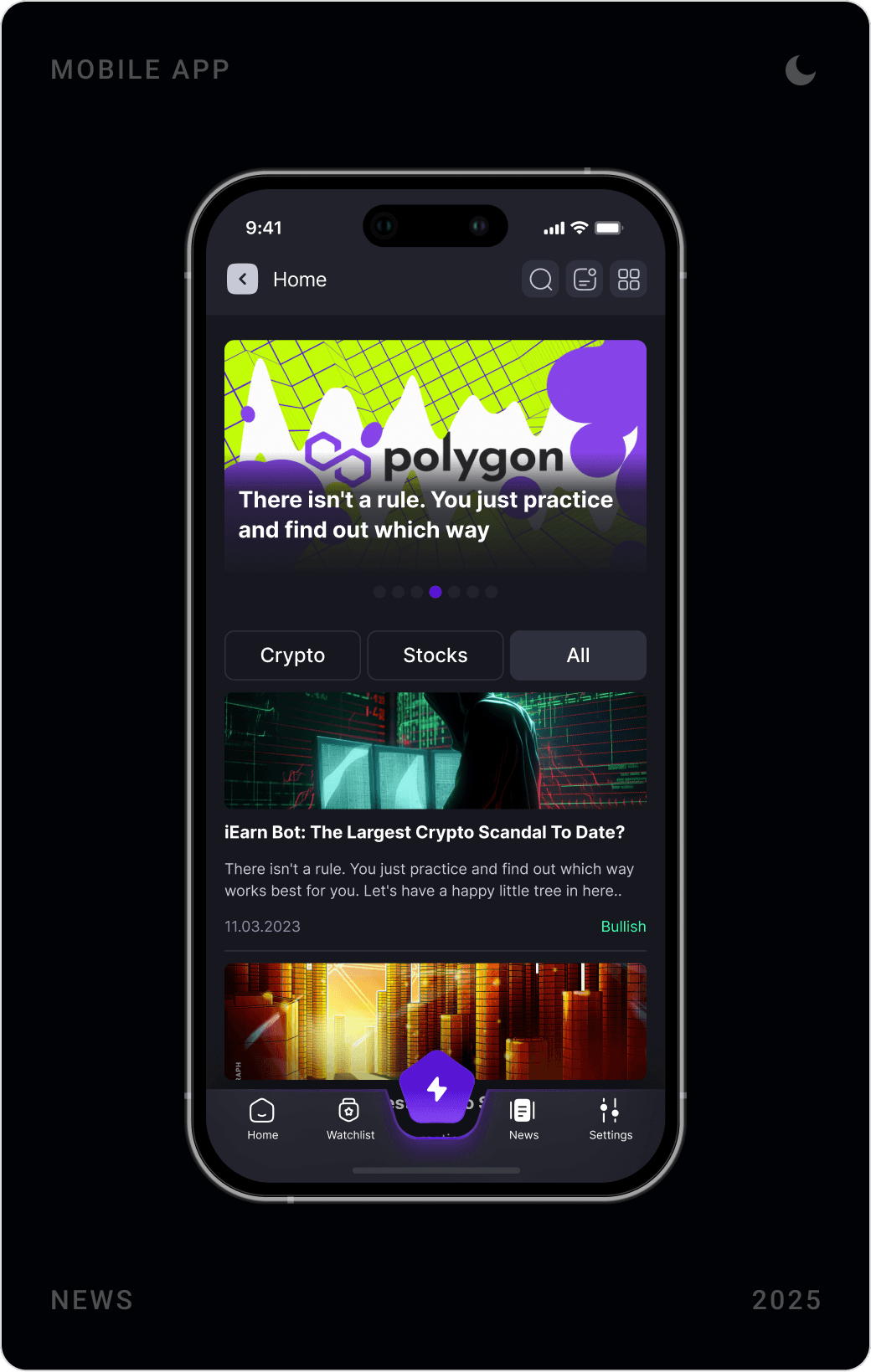 Watchlist with live asset rows, Edit Watchlist screen with asset search, and news home with Polygon banner and article cards