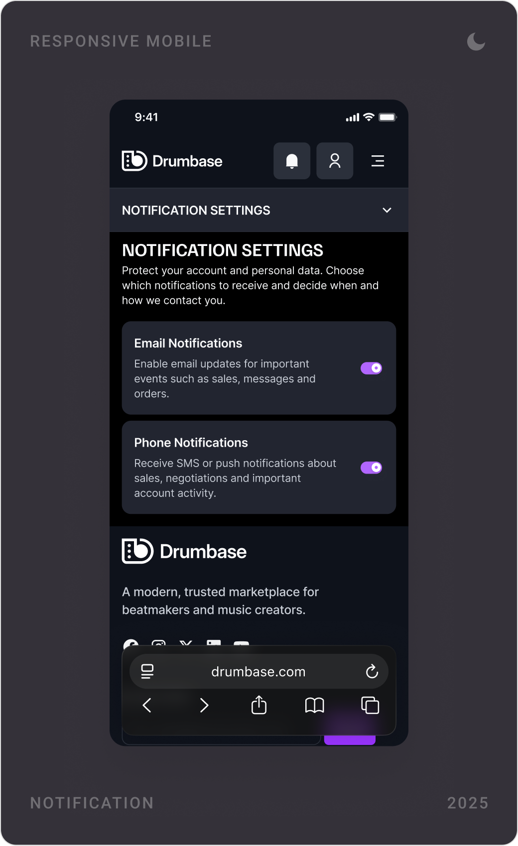 Dark mode mobile settings: account settings, privacy and security with password rules, and notification settings