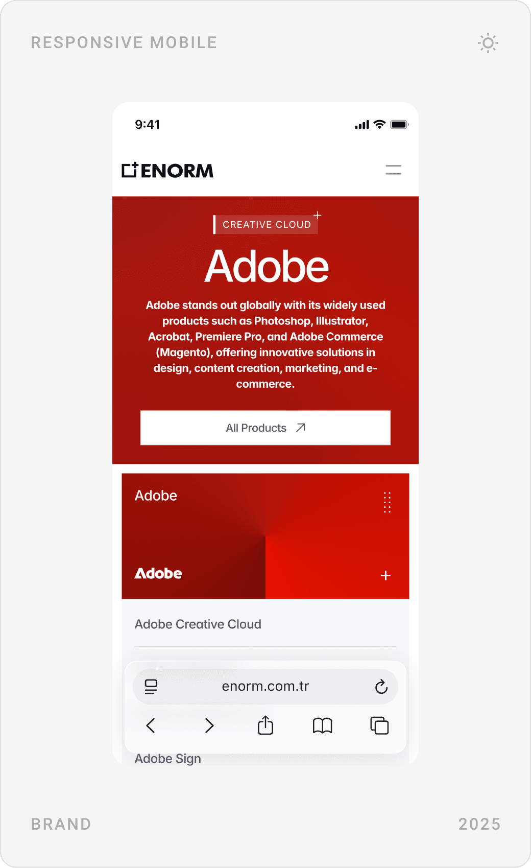 Mobile Adobe brand page: hero, main applications of Adobe Creative Cloud and a comparison table with Affinity Suite and Canva Pro