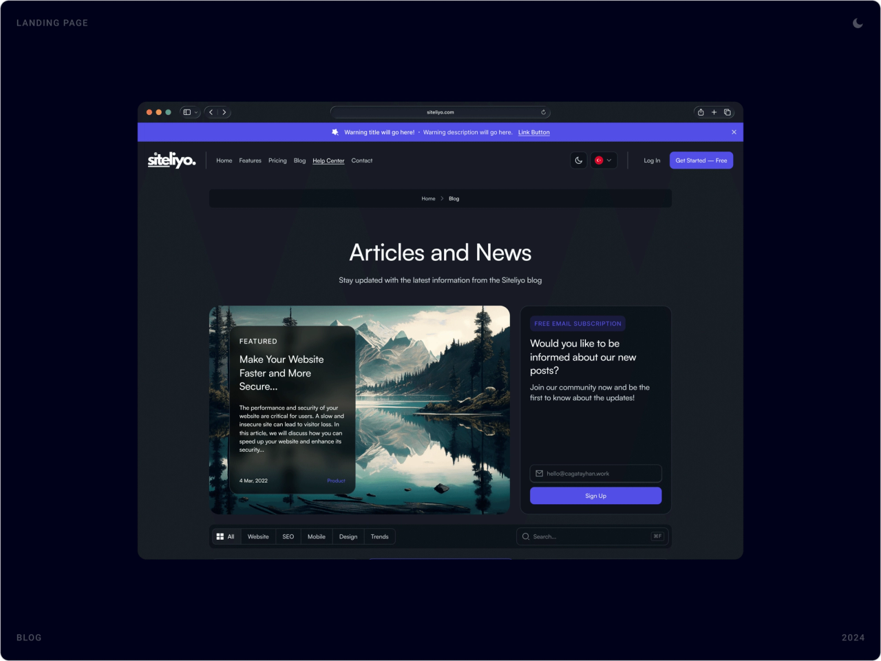 Siteliyo blog “Articles and News” in dark mode, with a featured article and newsletter sign-up