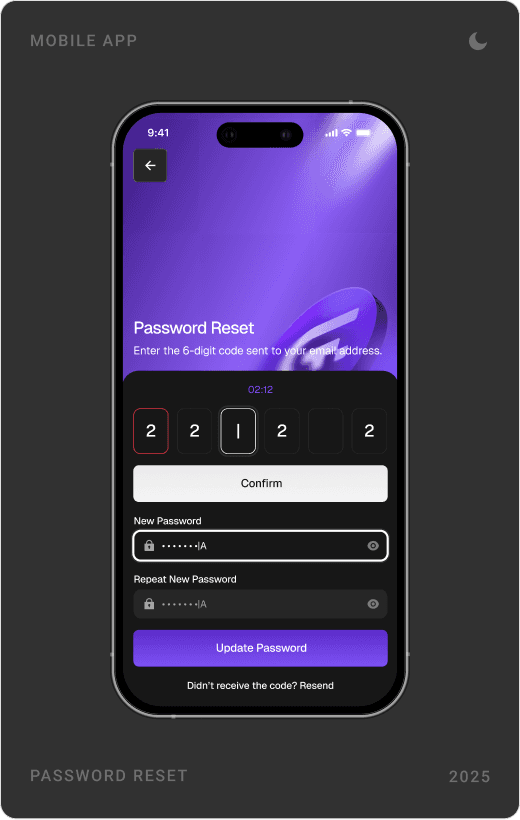 Password reset with code entry, email code verification and the dark home screen with a 10,821 Gig Point balance