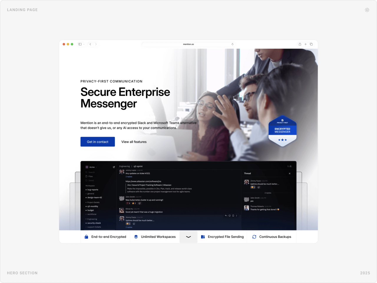 Mention desktop hero with “Secure Enterprise Messenger”, Get in contact and View all features buttons, app preview and feature tags