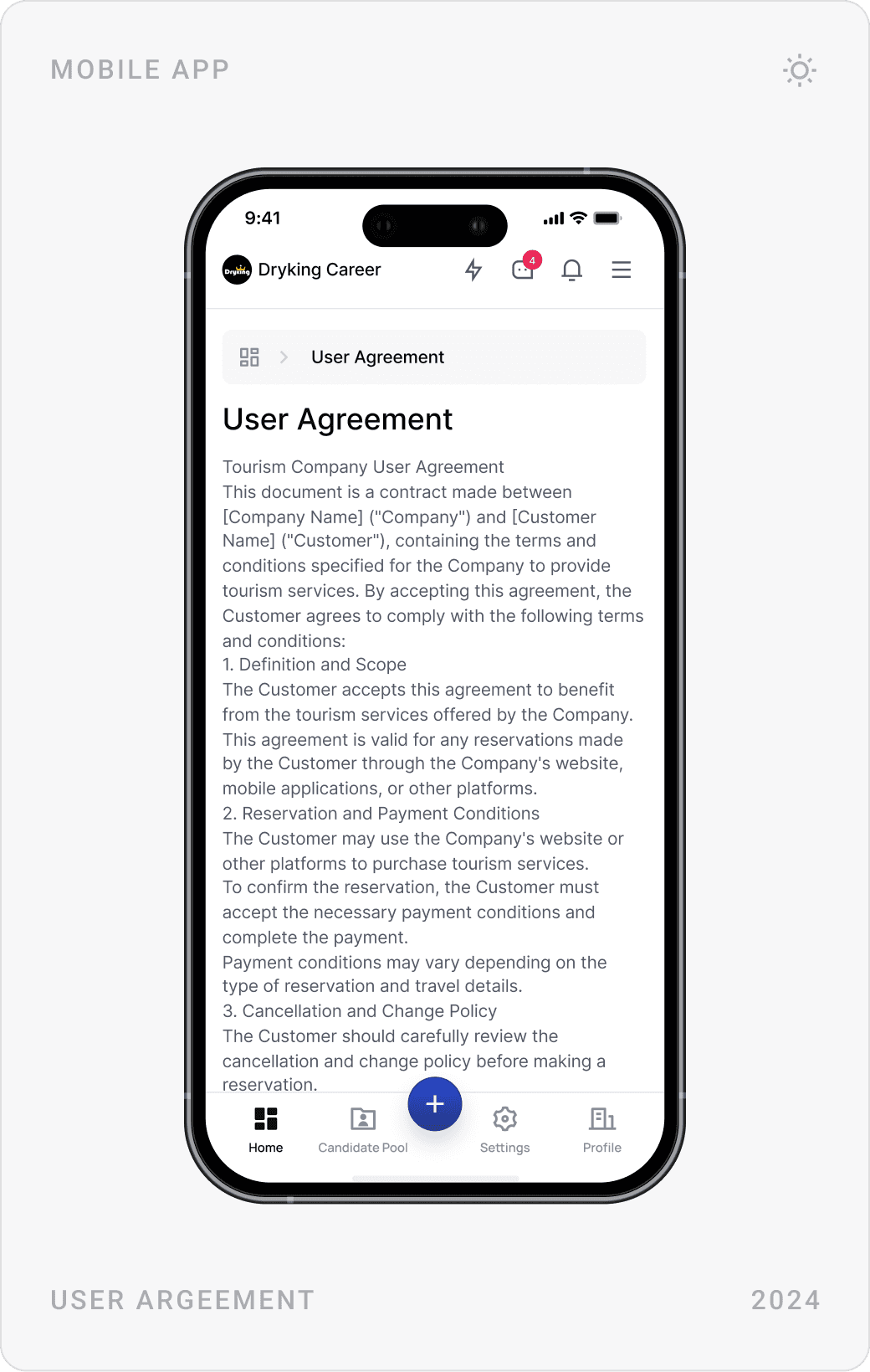 Mobile contact page with map and address, About Us page, and User Agreement text page