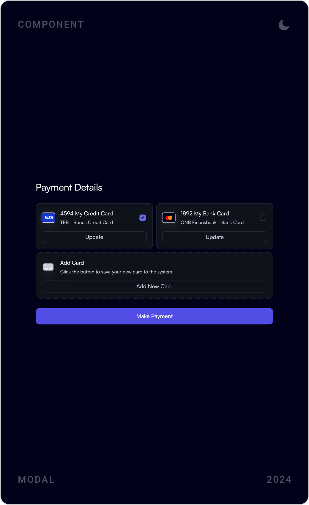Dark payment modals: new card details, choosing between saved cards, and 3D Secure payment confirmation