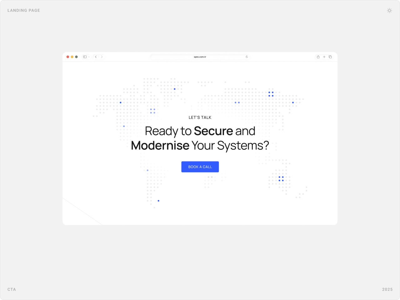 “Ready to Secure and Modernise Your Systems?” call to action over a dotted world map with a “Book a call” button