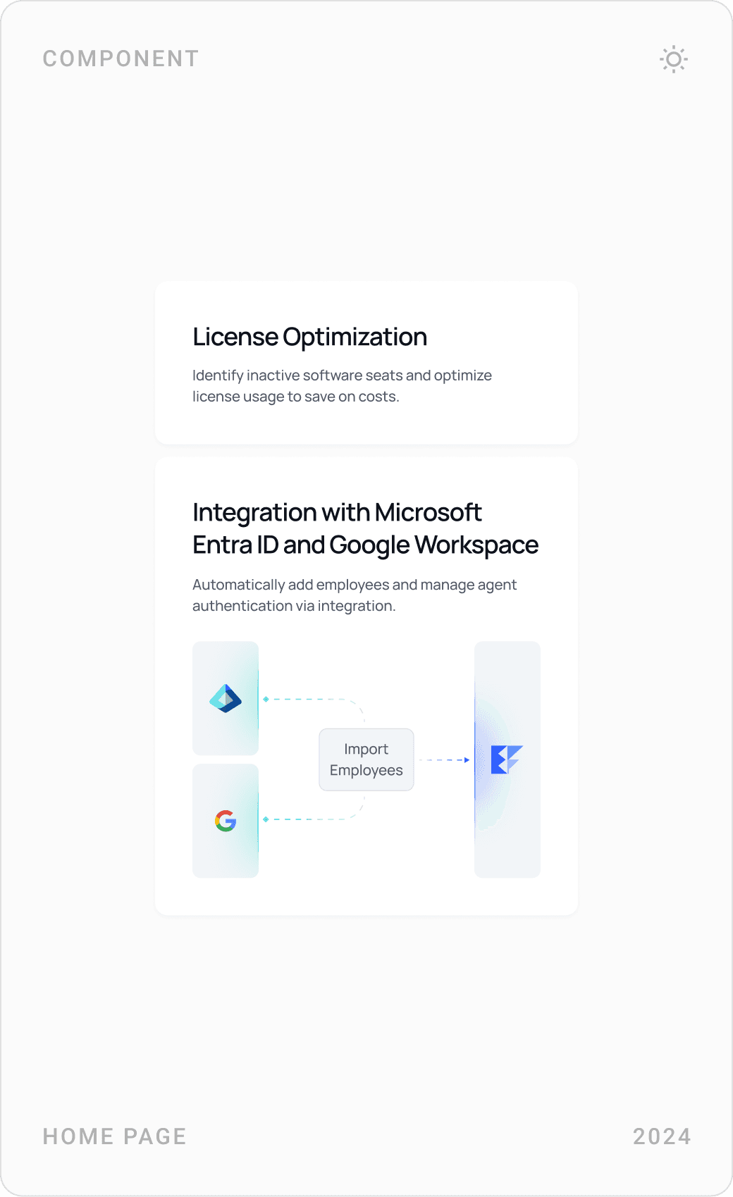 Cards for license optimization with Microsoft Entra ID and Google Workspace, detailed application overview, and vendor and cost sorting