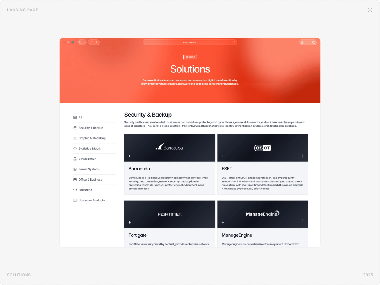 Enorm Solutions page with a category side menu and Security & Backup cards for Barracuda, ESET, Fortigate and ManageEngine