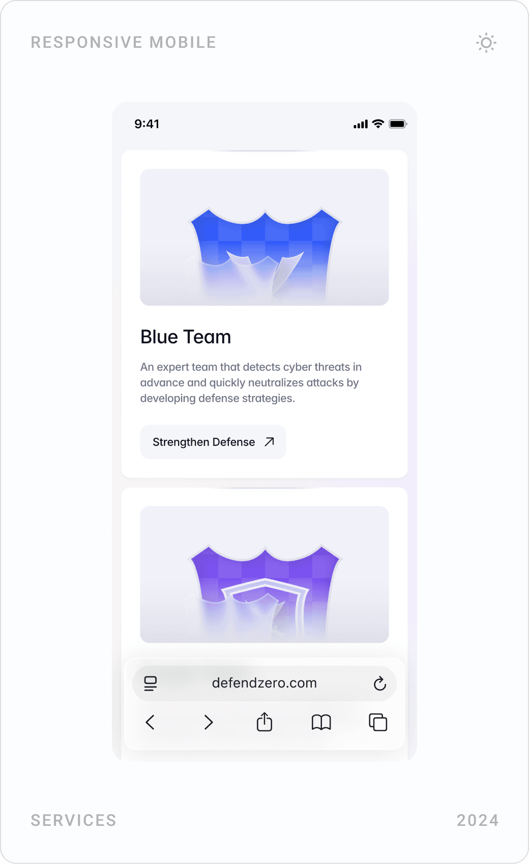 Mobile homepage: dark hero, services intro with Red Team card, and Blue Team and Purple Team cards