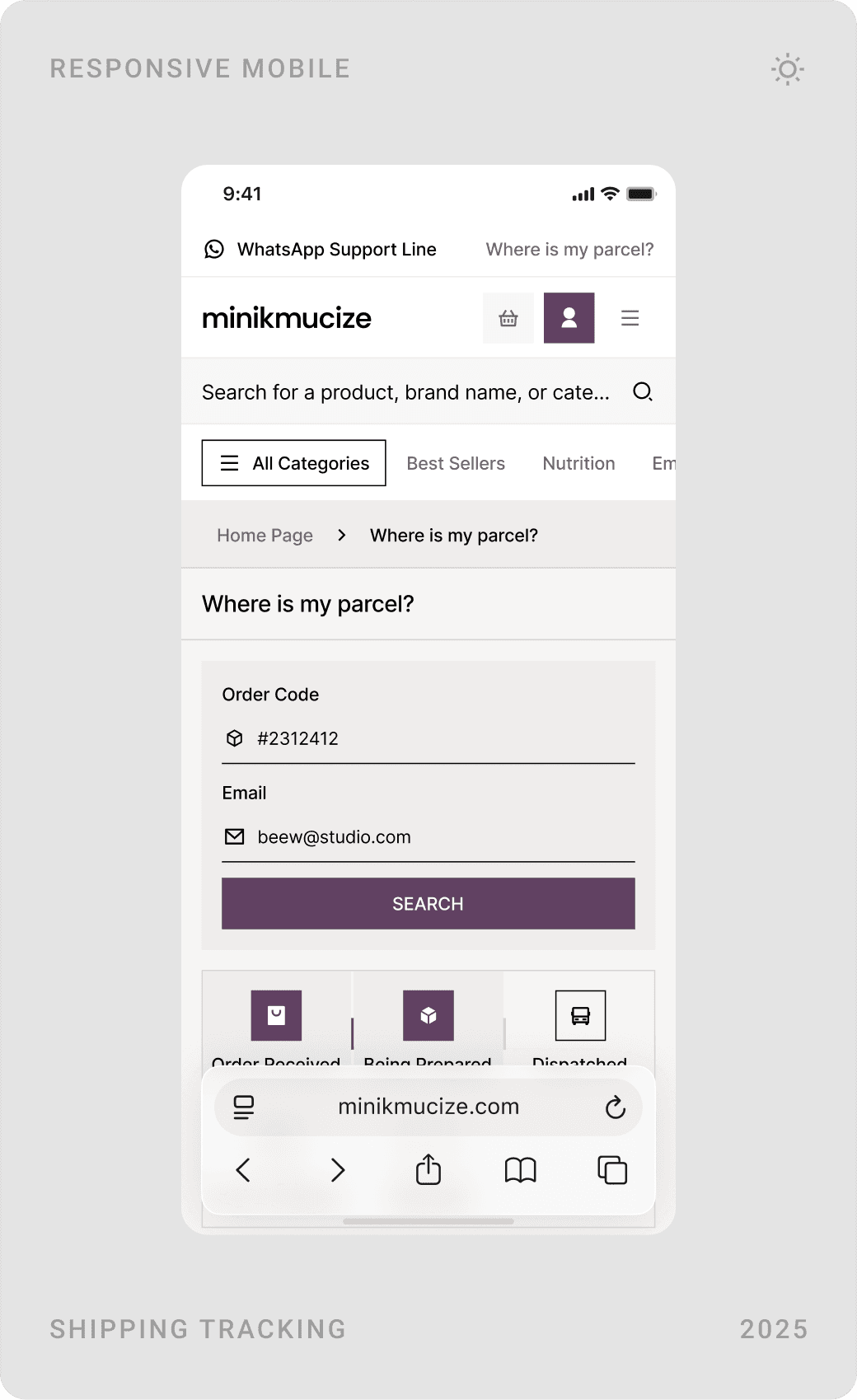 Mobile basket, “Where is my parcel?” tracking form with order code and email, and order cards with status and invoice