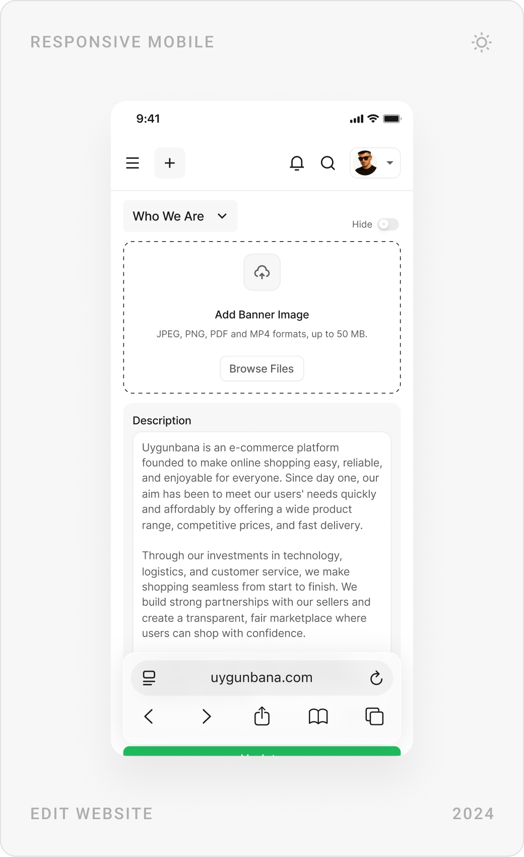 Mobile admin screens: sales report with commission, editing the About section of the website, and store approval details