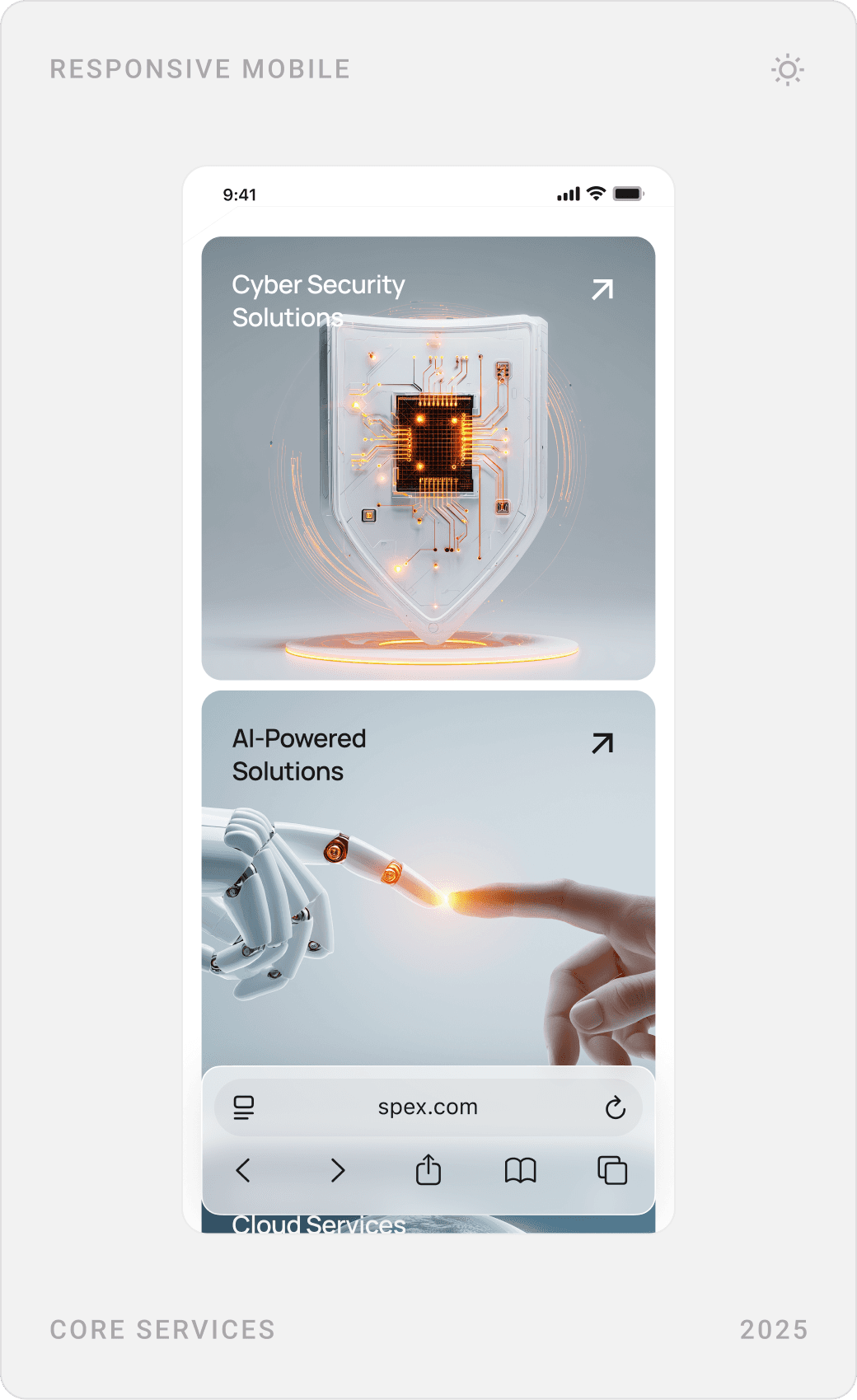 Mobile core services cards with code and cloud visuals, and an in-house products section